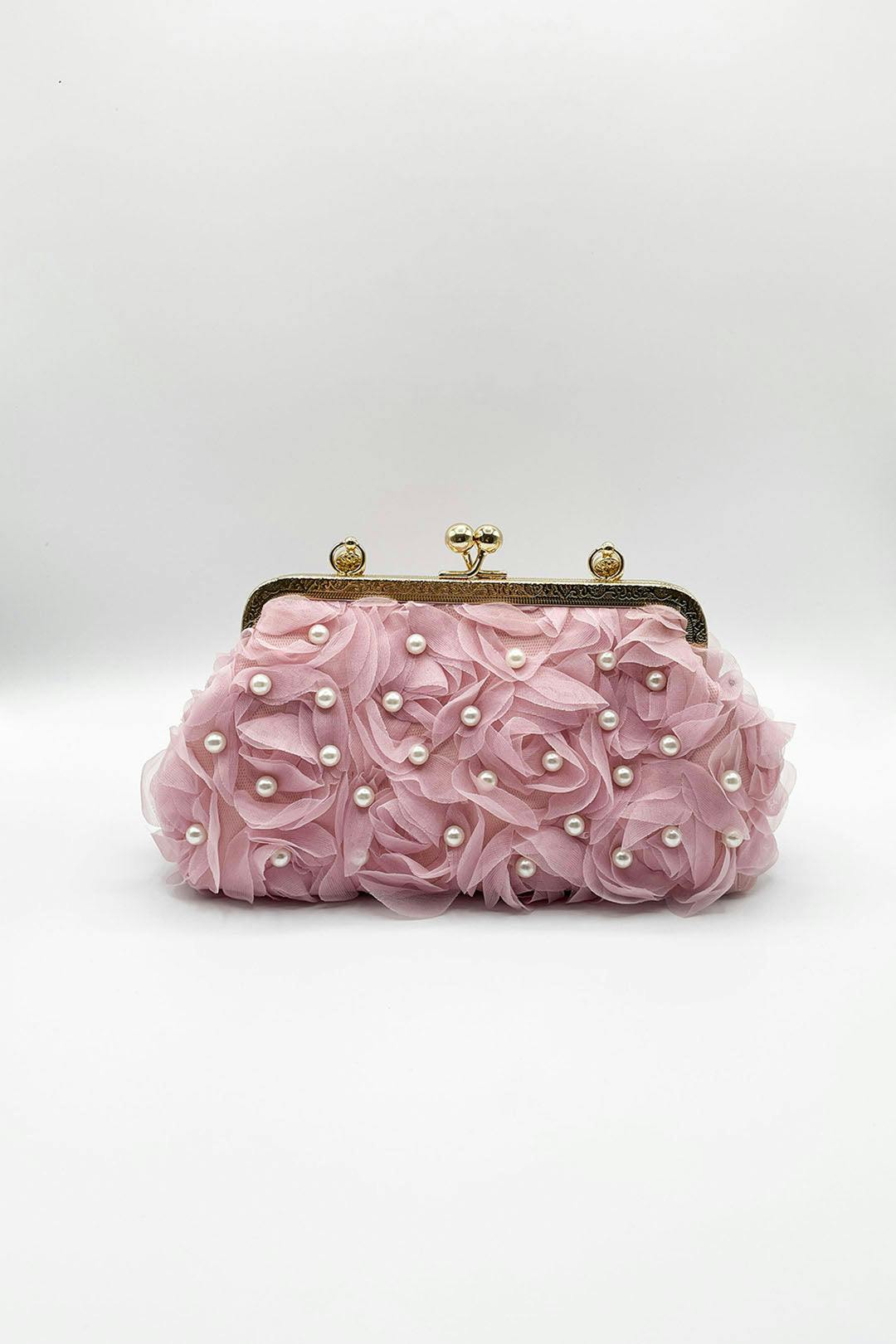 Svnx Pink Lace Floral Clutch Bag With Pearl In