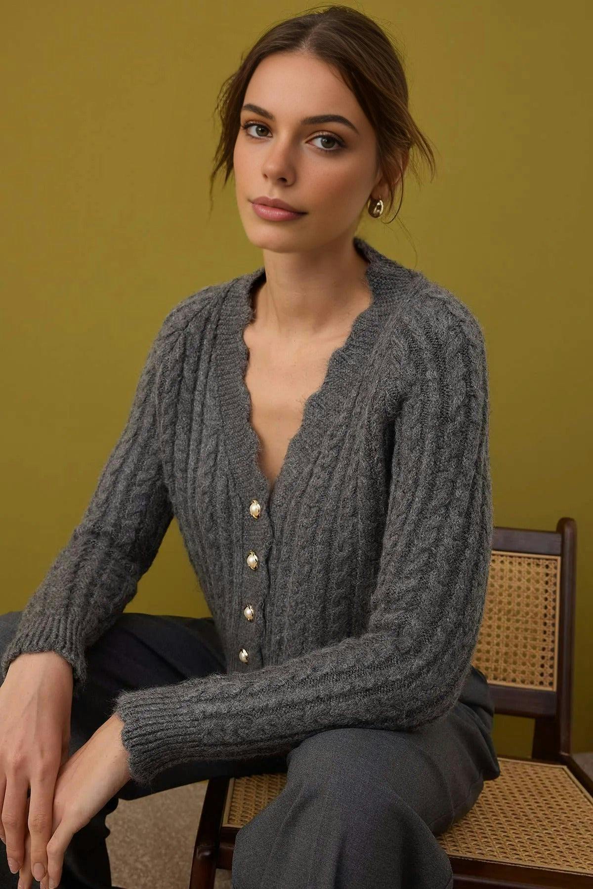 Wovcor Grey Soft Textured Crop Knit Cardigan With Pearl Button Details - L