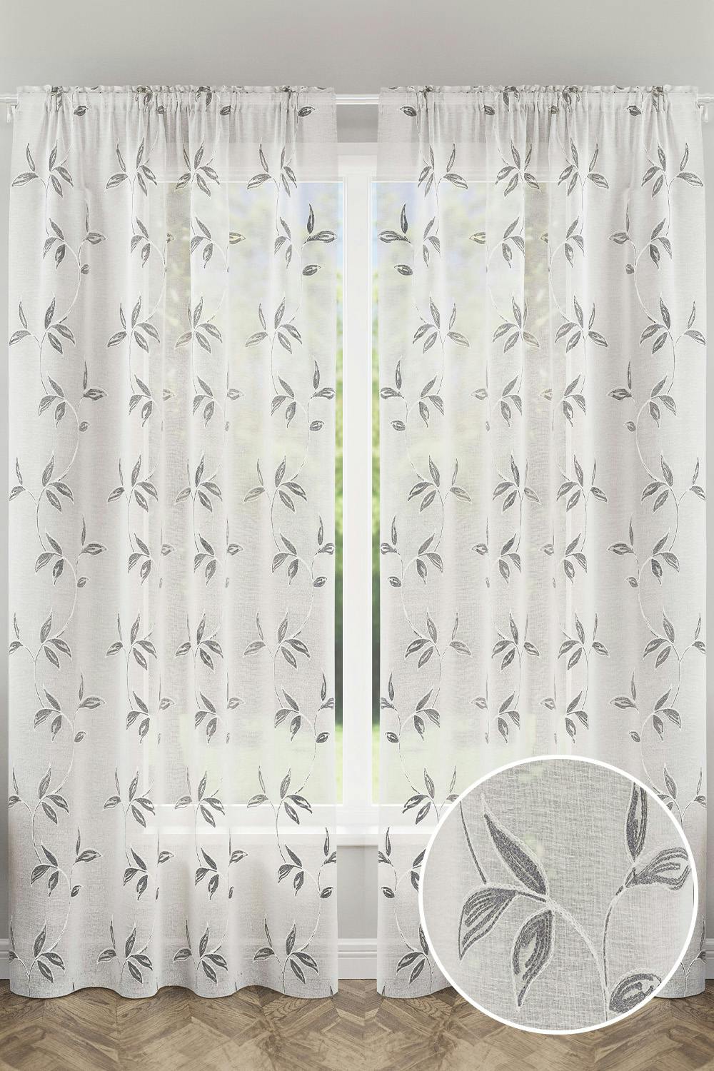 Tyrone Textiles Grey Oasis Embroidered Leaf Design Voile Panels - Pair - 55" (140Cm) Width X 48" (122Cm) Drop