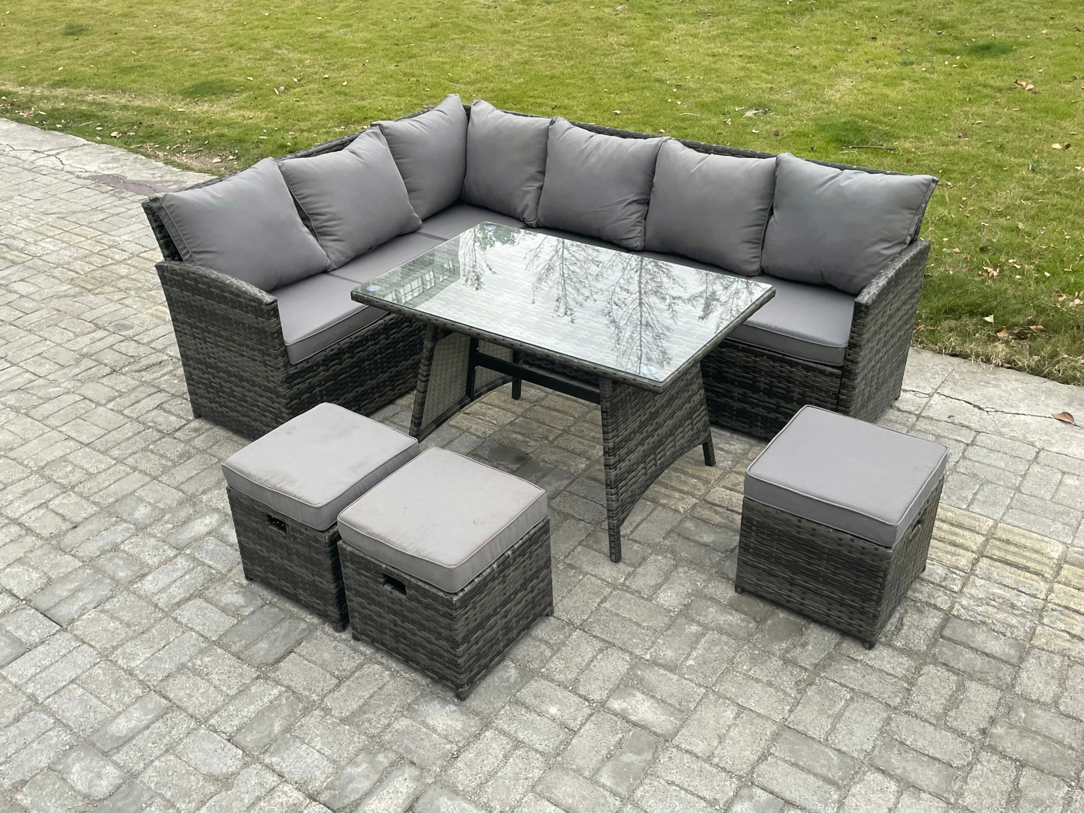 Rackhams Dark/Grey Wicker Rattan Garden Furniture Corner Sofa Set With Oblong Dining Table 3 Small Footstools 9 Seater Outdoor Rattan Set Mixed