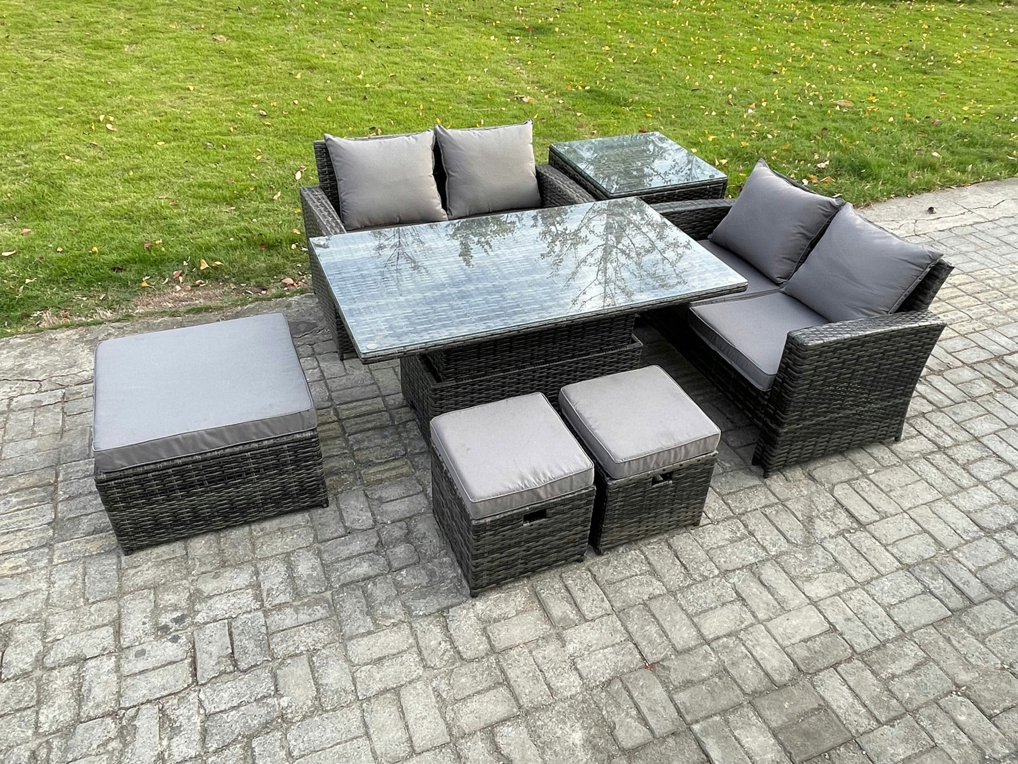 Rackhams Dark/Grey 7 Seater Wicker Rattan Garden Furniture Rising Table Set With Side Table 3 Footstool Double Seat Sofa Side Table Mixed