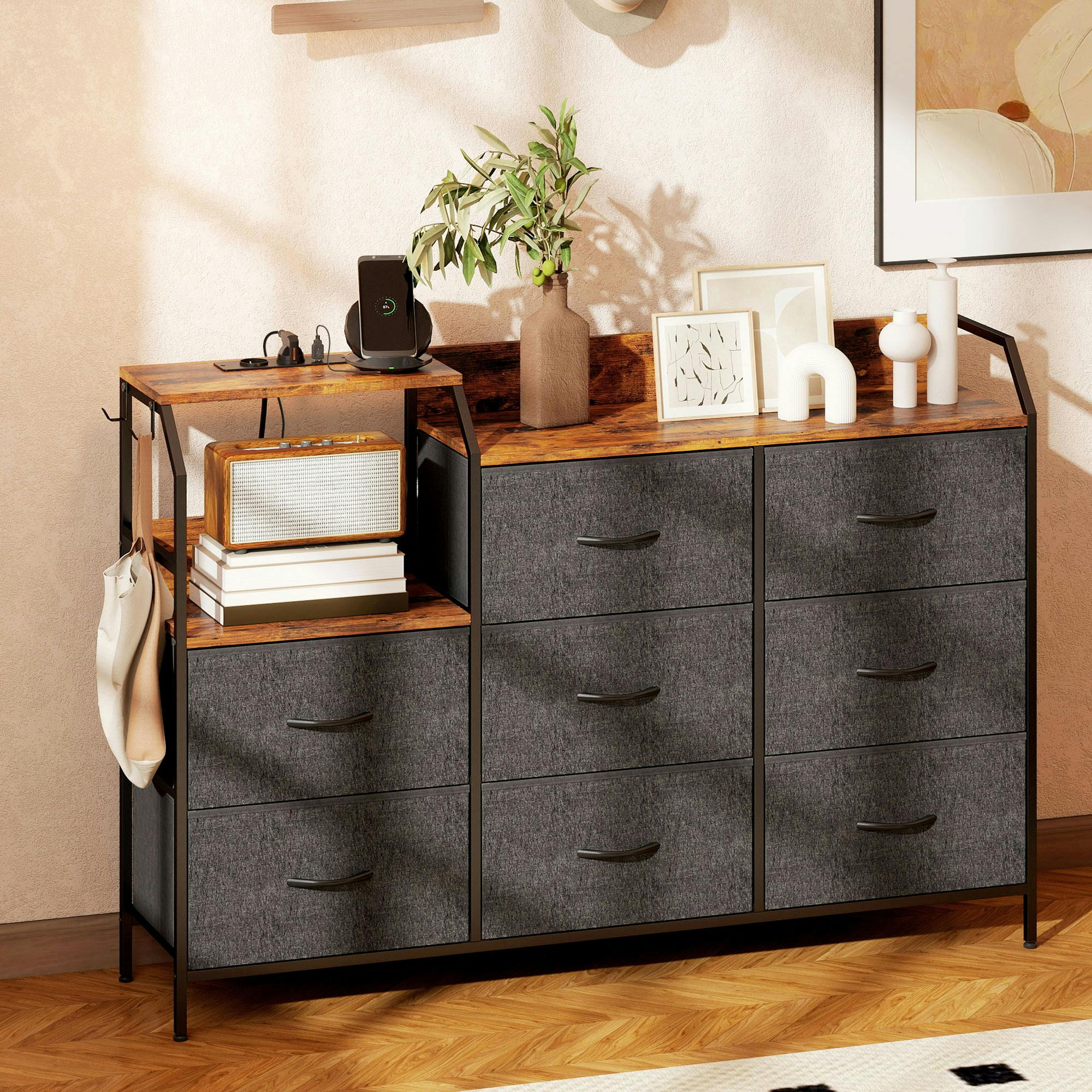 Homcom Brown/Black Fabric Chest Of Drawers W/ Charging Station For Bedroom Rustic - Rustic And - 8 - Modern