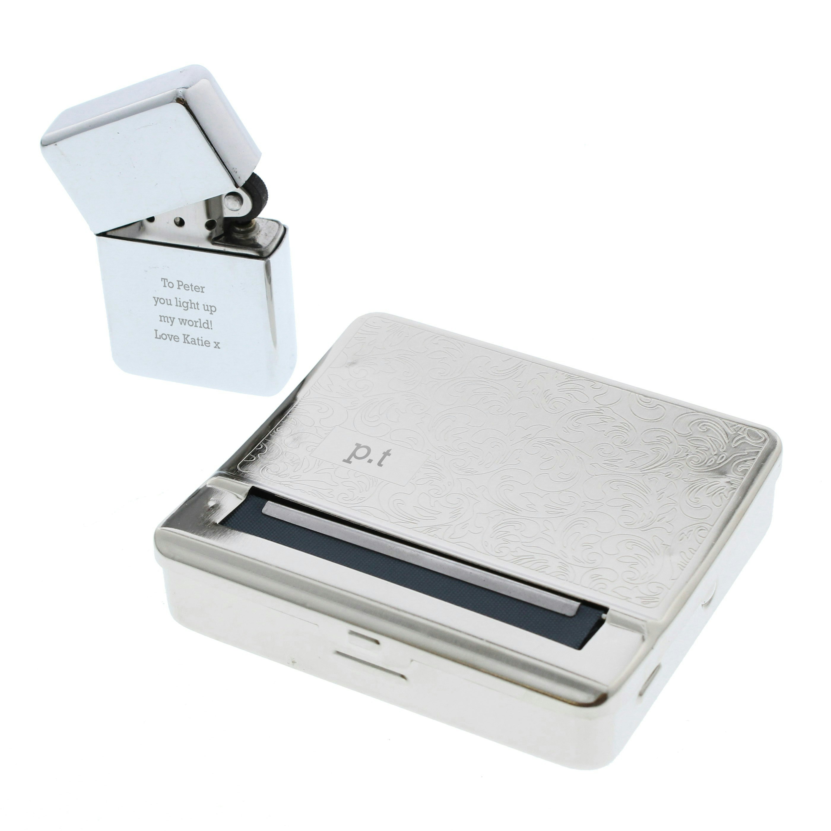 Rackhams Silver Personalised Tobacco Rolling Tin And Lighter Set