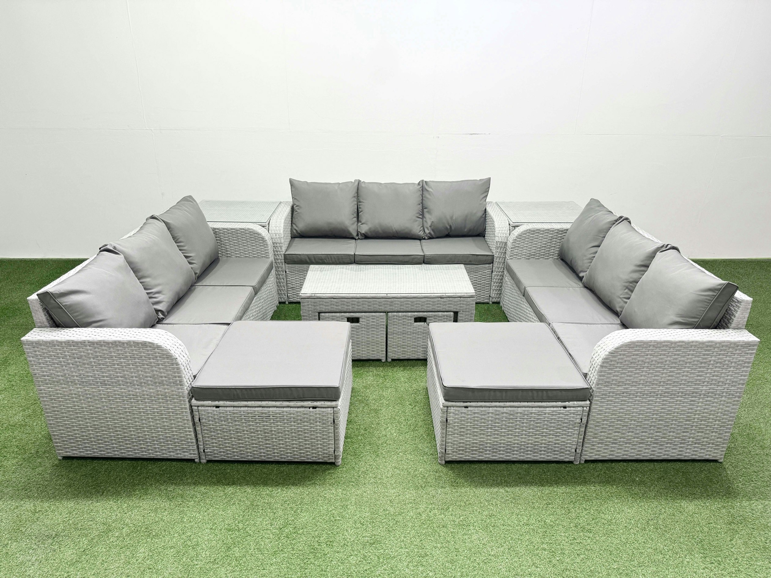 Rackhams Light/Grey Outdoor Garden Furniture Set Pe Rattan 3 Seater Sofa Set With Oblong Coffee Table 4 Footstools 2 Side Tables