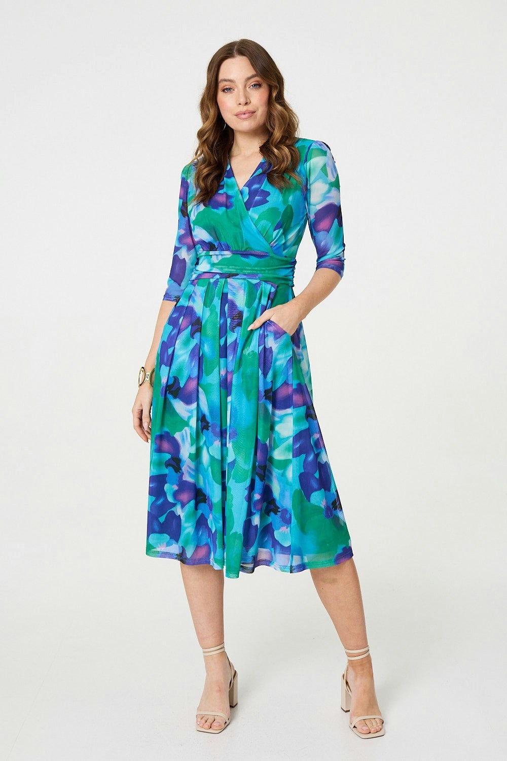 Izabel London Blue Printed Short Sleeve Pleated Wrap Midi Dress - 18