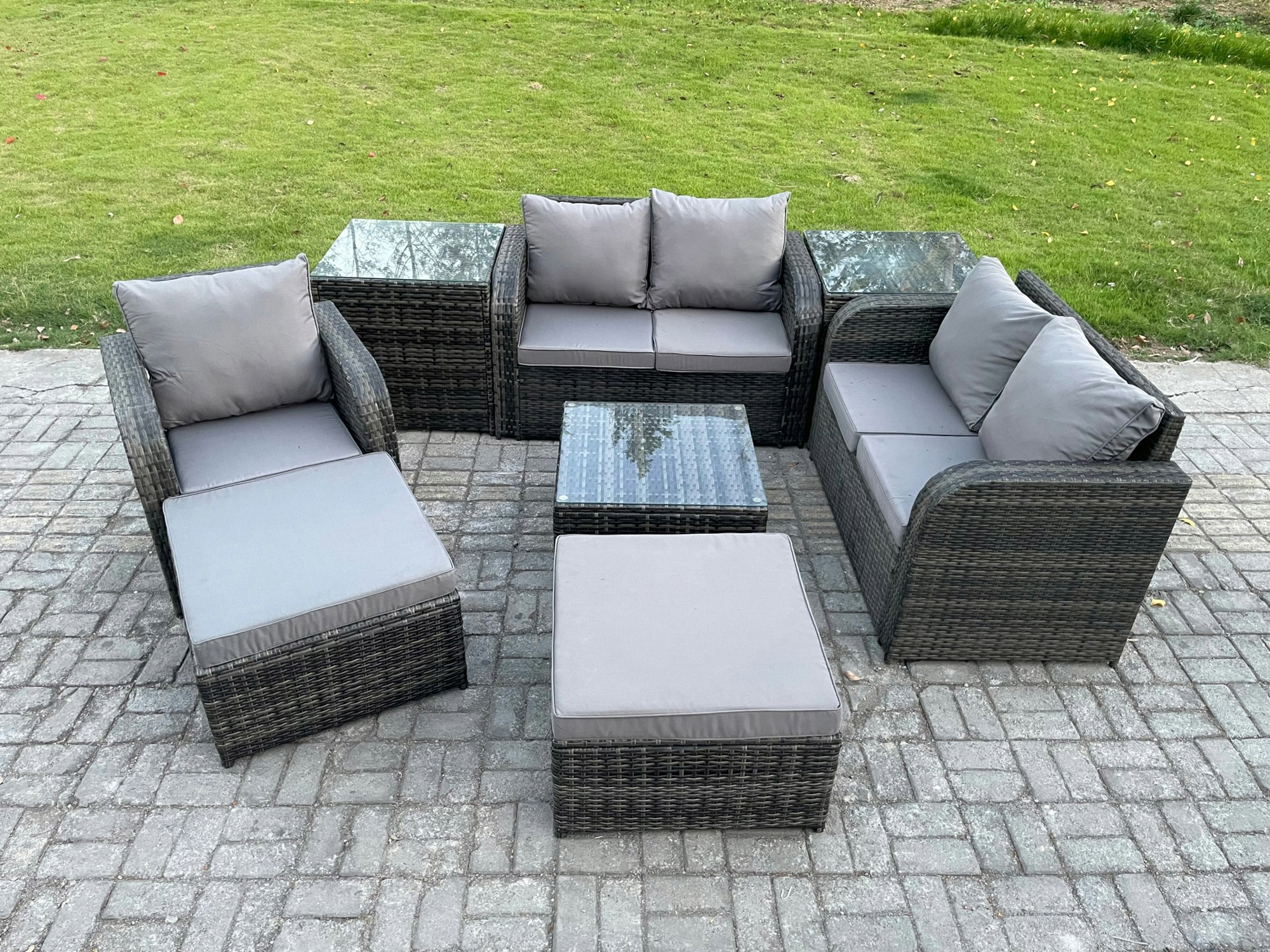 Fimous Dark/Grey Pe Rattan Garden Furniture Sets Outdoor Love Sofa Chair Set Square Coffee Table 2 Side Tables 2 Big Footstool
