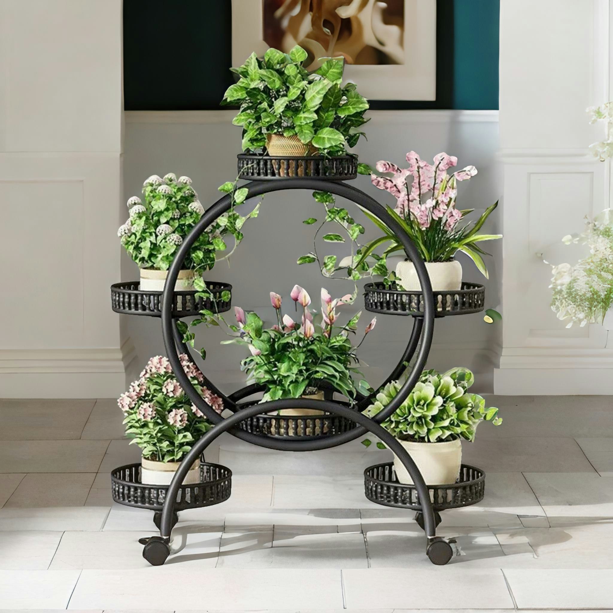 Rackhams Black 6 Tier Round Metal Indoor Outdoor Plant Stand Organiser