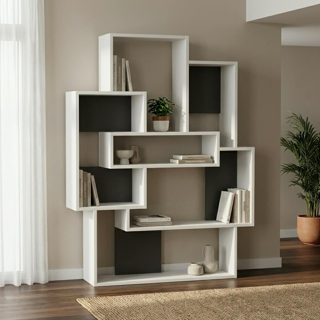 Decortie White/Anthracite/Grey Barce Modern Freestanding Bookcase Storage Unit 132Cm