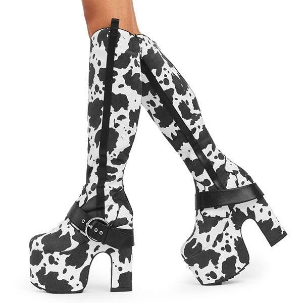 Lamoda Women's Rhinestone Cowboy Cowprint Knee High Chunky Platform Boots - Uk3