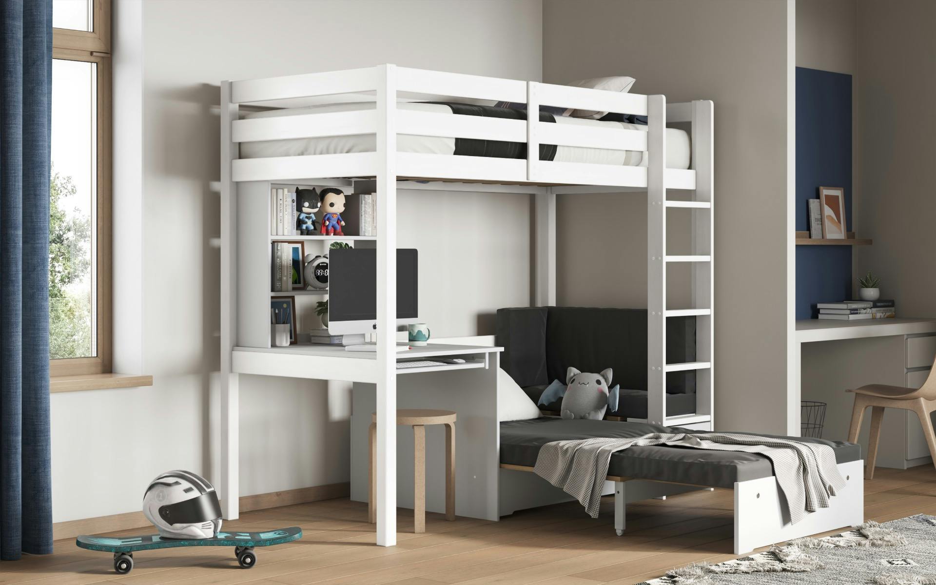 Rackhams White/Black Eino High Sleeper With Futon & Desk - Single Continental