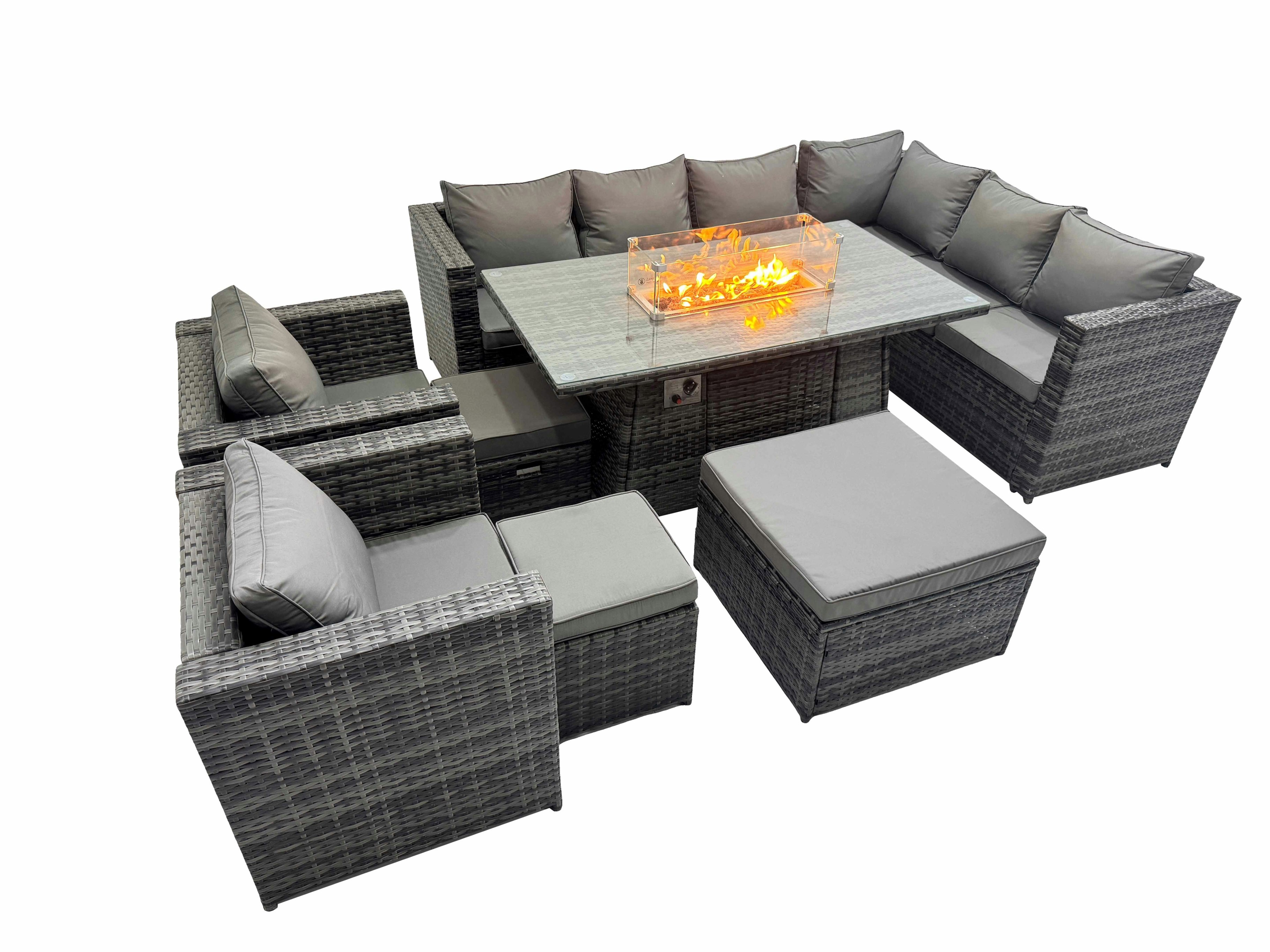 Rackhams Dark/Grey Garden Rattan Furniture Set 11 Seater Outdoor Corner Sofa 2 Chair Gas Fire Pit Dining Table Set With 3 Stools