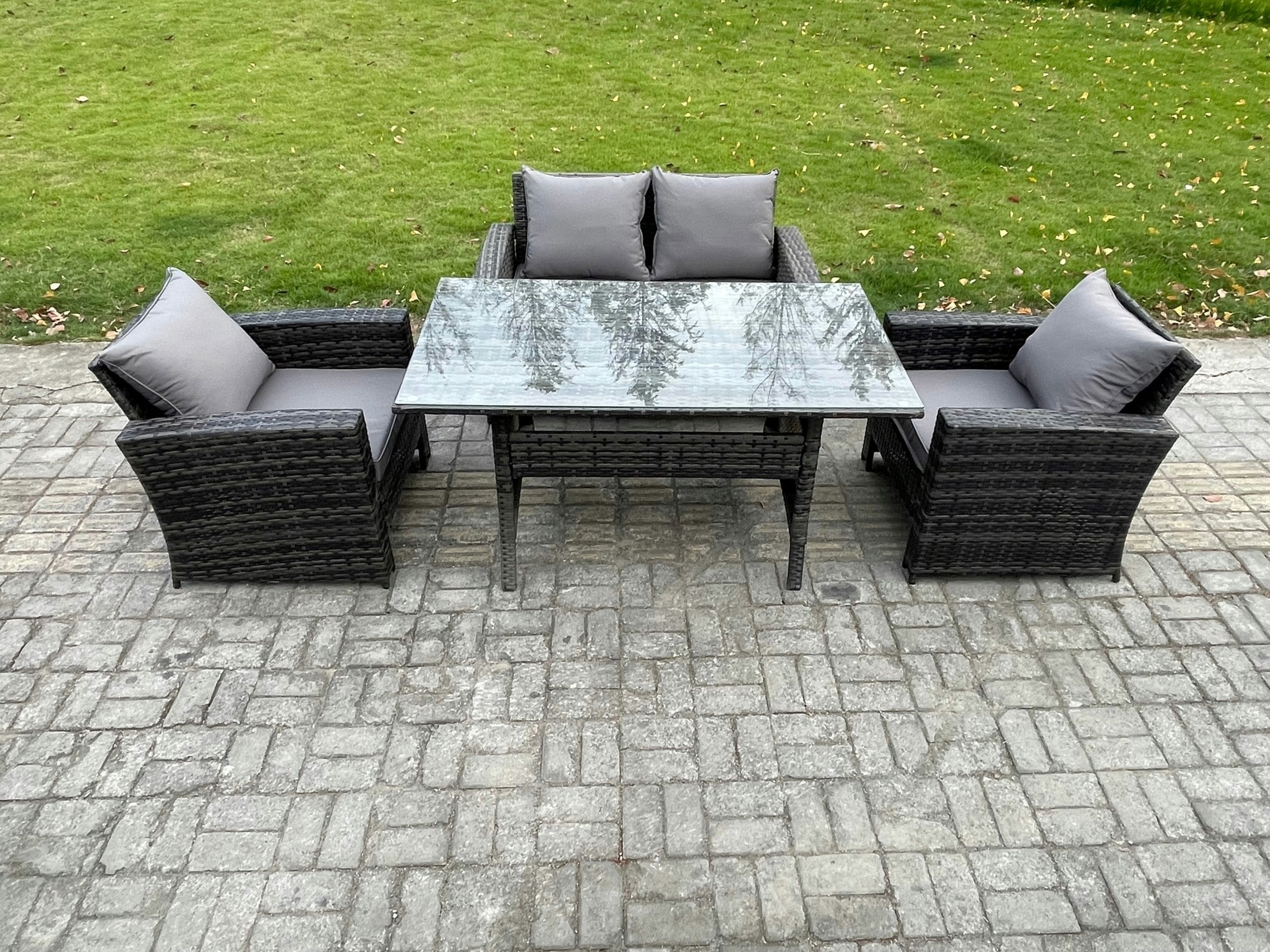 Rackhams Dark/Grey Pe Wicker Outdoor Garden Furniture Set Patio Furniture Rattan Rectangular Dining Table Lounge Sofa Mixed