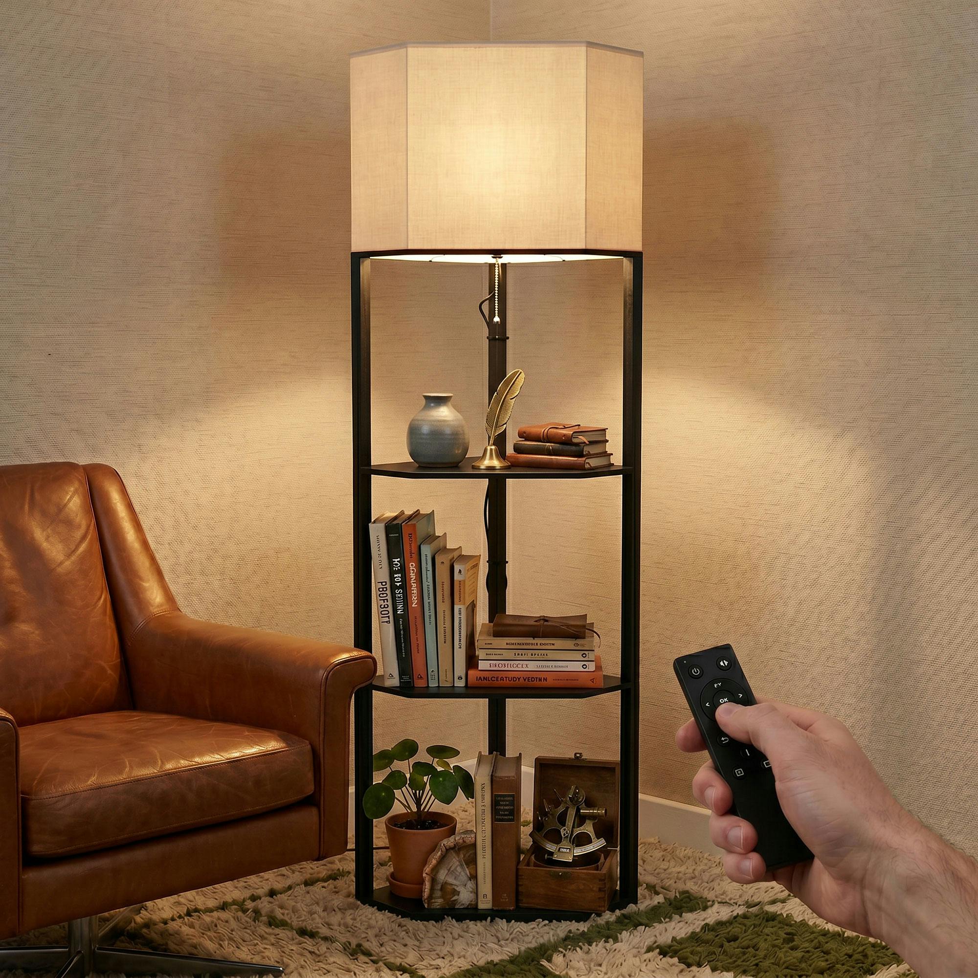 Rackhams Black Corner Modern Floor Lamp With Shelves, Dimmable Standing Lamp,