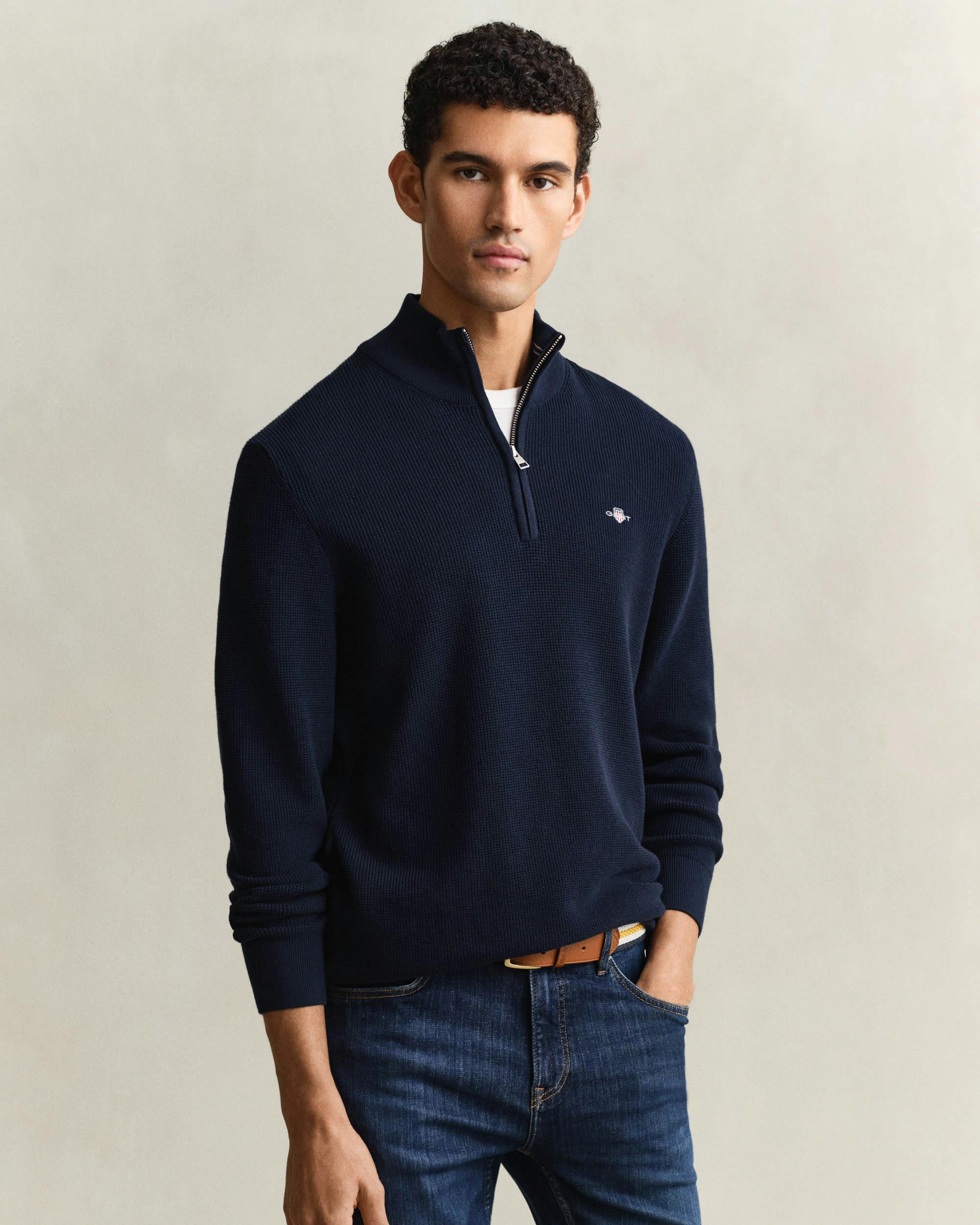 Gant Men's Blue Micro Textured Cotton Half Zip - 433 Evening - 433 Evening - Xxxl
