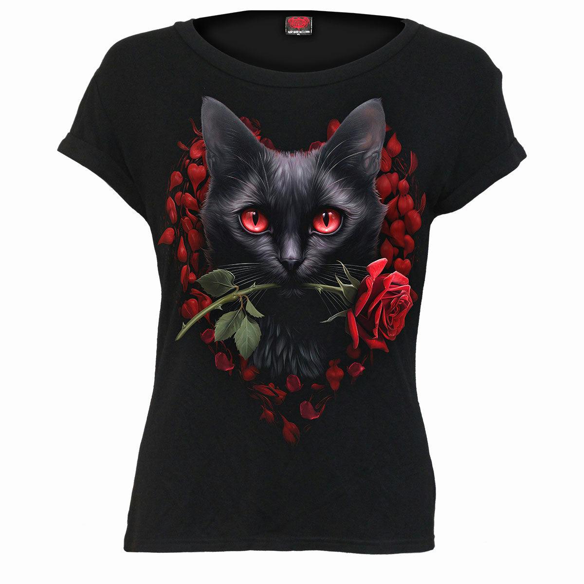 Spiral Direct Black Cat's Love - Boatneck Cap Sleeve Top - L - Digital - Digital