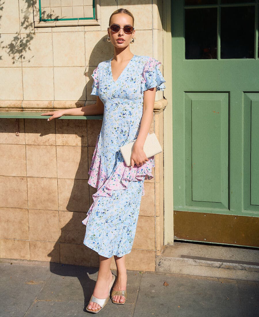 Needs No Label Blue Ditsy Floral Ruffle Mix And Match Midi Dress - 8