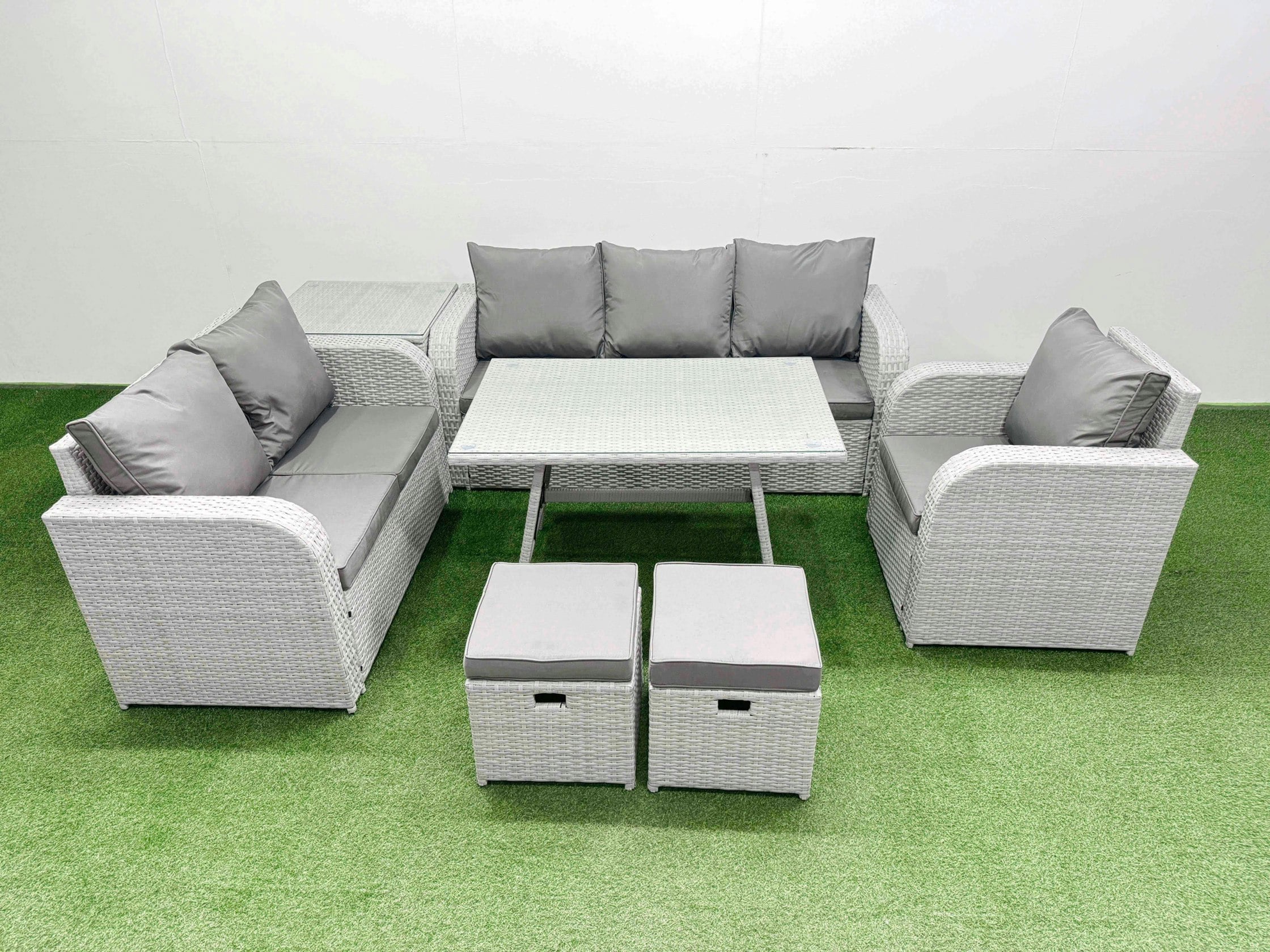 Rackhams Light/Grey Rattan High Back Lounge Sofa Set Patio Dining Table & Chairs Set With 3 Seater Sofa Reclining Chair Side Table 2 Small Stool