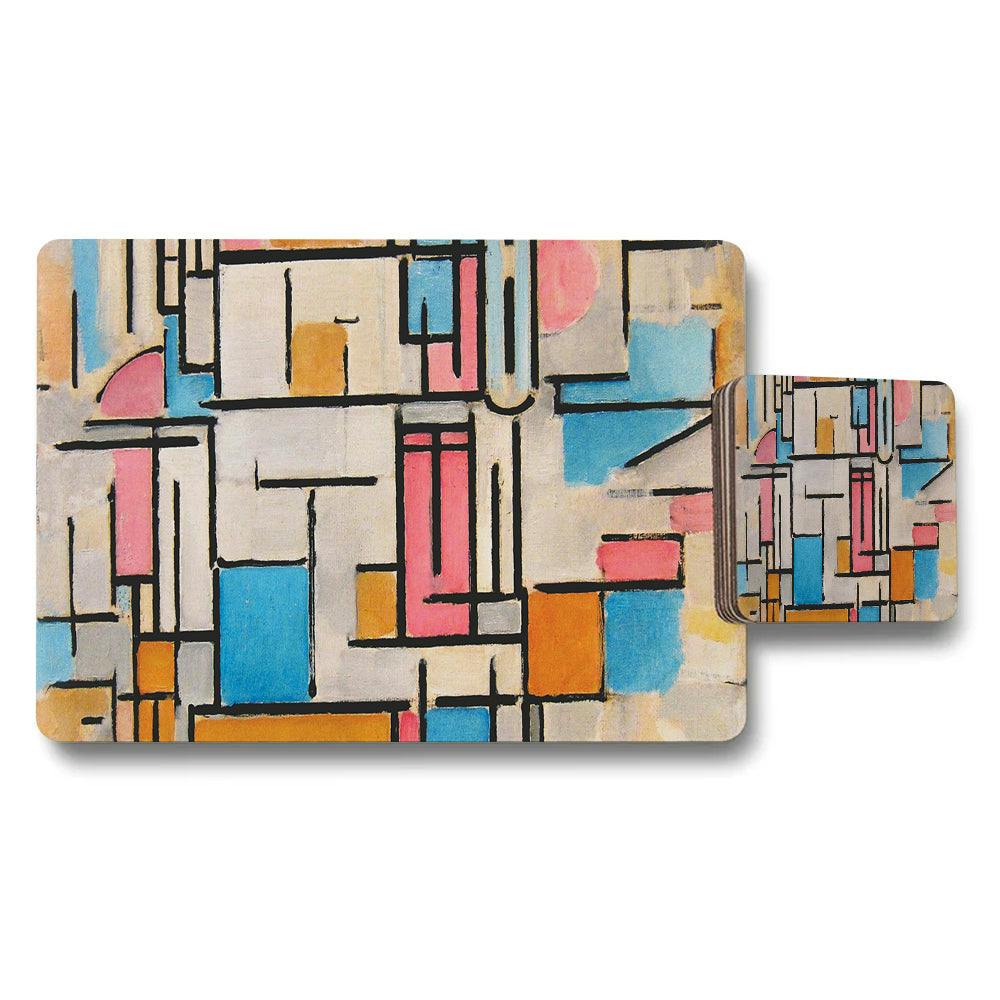 Benjamin Tate Design Turquoise/Pink/Orange Multicolor Abstract Geometric Placemat And Coaster Set For Table Decor