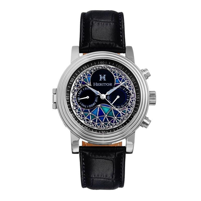 Heritor Automatic Men's Silver/Black Legacy Leather-Band Watch W/Day/Date