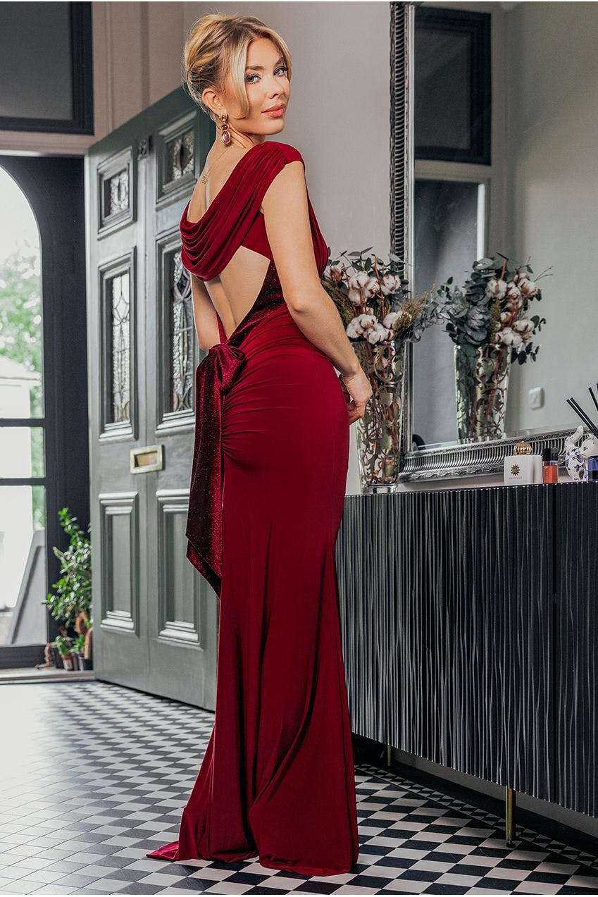 Goddiva Open Back Cowl Neck Gathered Maxi Dress With Velvet Tie Back - Wine By - Wine - 16