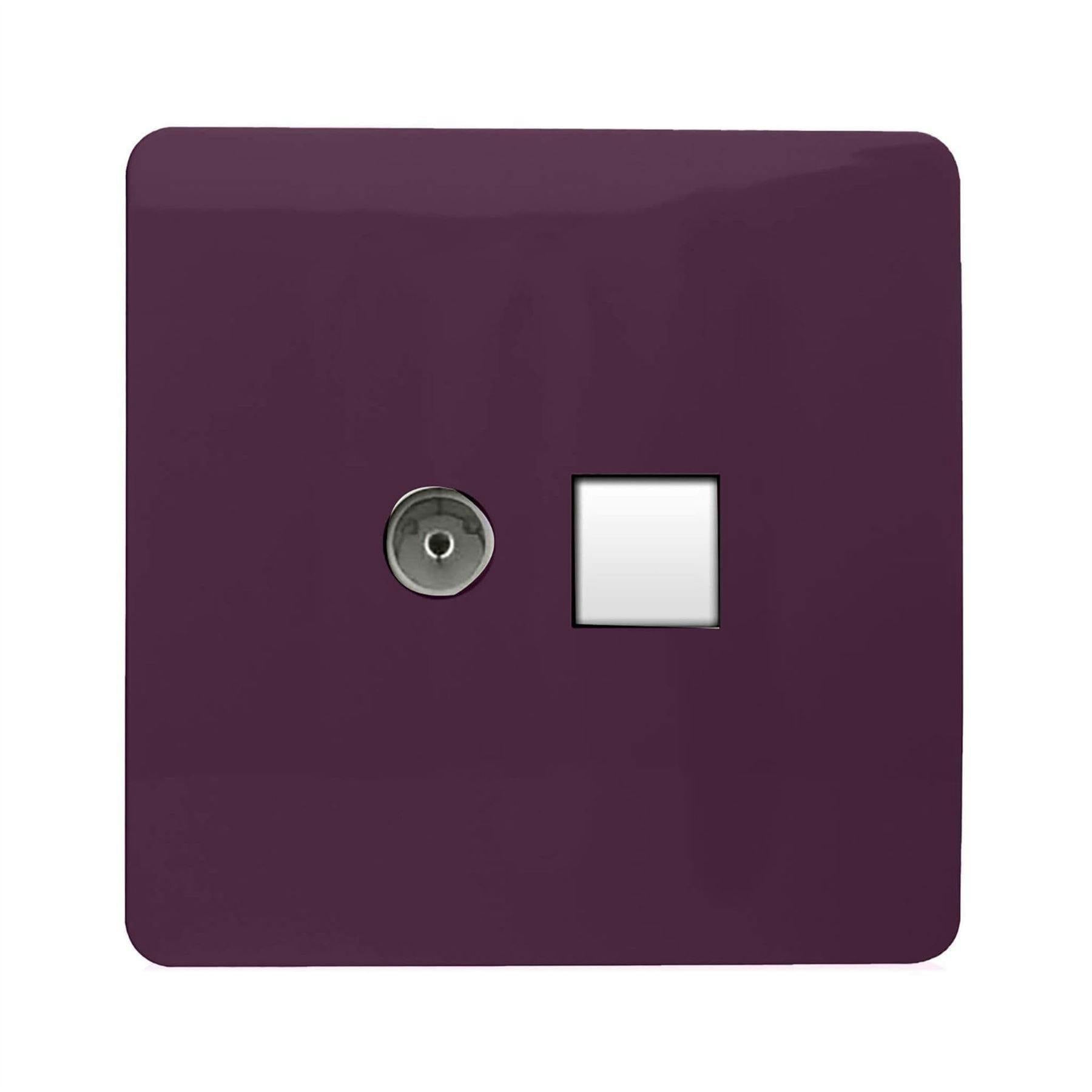 Trendi Switch Women's Purple 2 Gang Tv Co-Axial & Rj45 Cat 6 Modern Designer Pc Ethernet Sockets In Plum