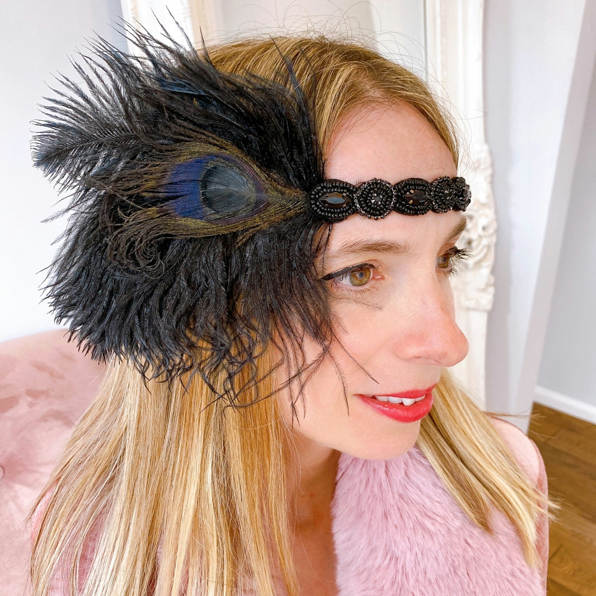 Queenmee Accessories Black 1920S Headpiece In With Peacock Feathers And Beading