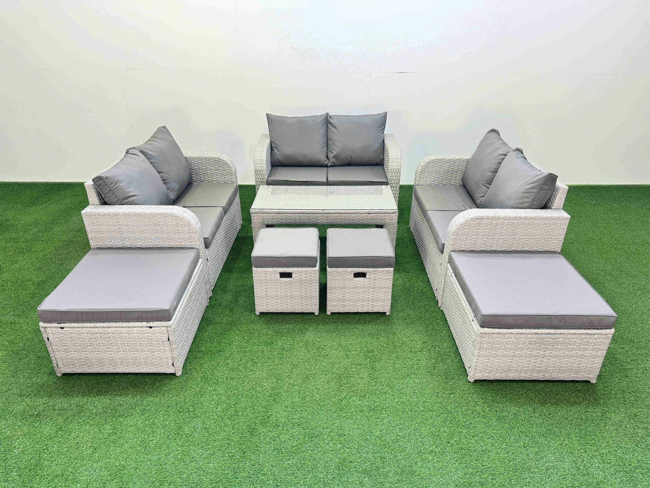 Rackhams Light/Grey Pe Wicker Rattan Furniture Sofa Sets With Oblong Coffee Table Love Sofa 4 Stools Mixed