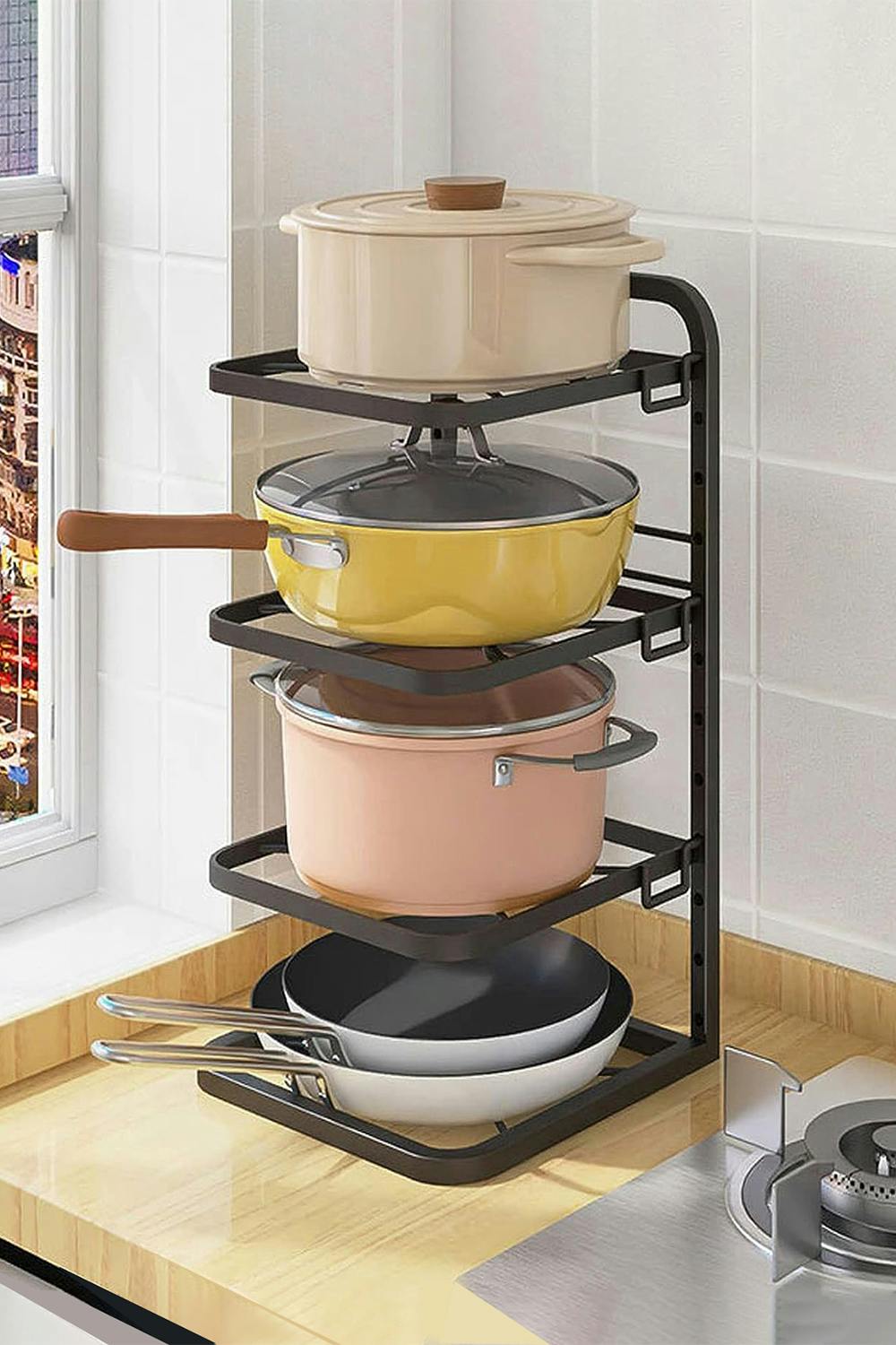 Rackhams Black 4-Tier Standing Pot Pan Organizer Rack Adjustable Cookware Holder Kitchen - One Size
