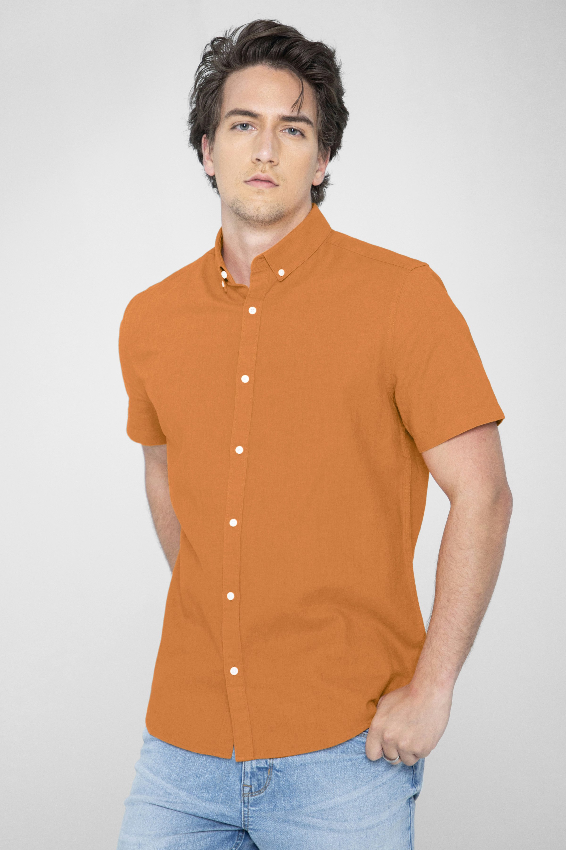 Enorsia Orange Solid Linen Blend Short Sleeve Shirt - Xxl - 55% Linen, 45% Cotton