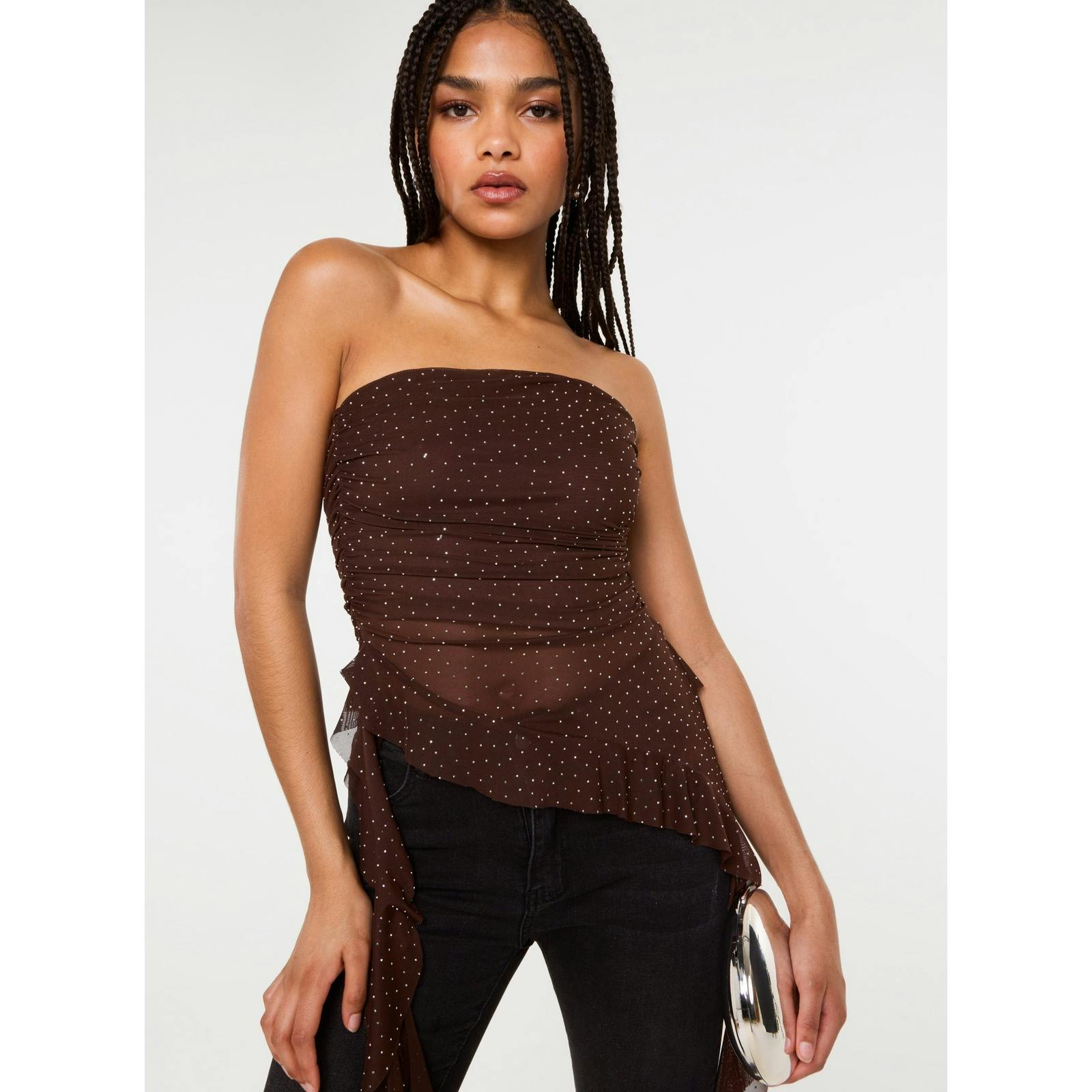 Pink Vanilla Pink/Brown Vanilla Asymmetric Diamante Bandeau Top - L