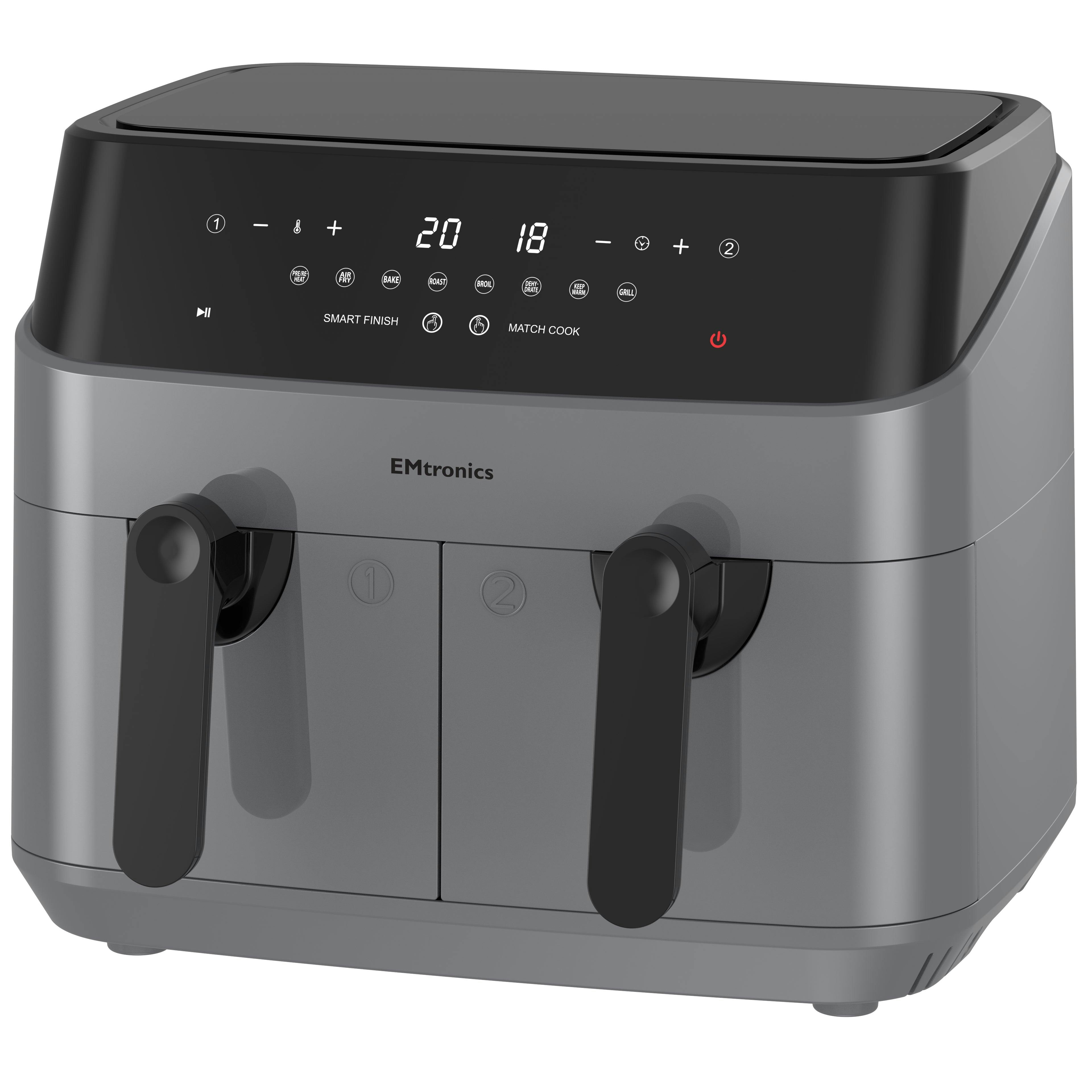 Emtronics Grey Double Basket Air Fryer 9 Litre With 99 Minute Timer