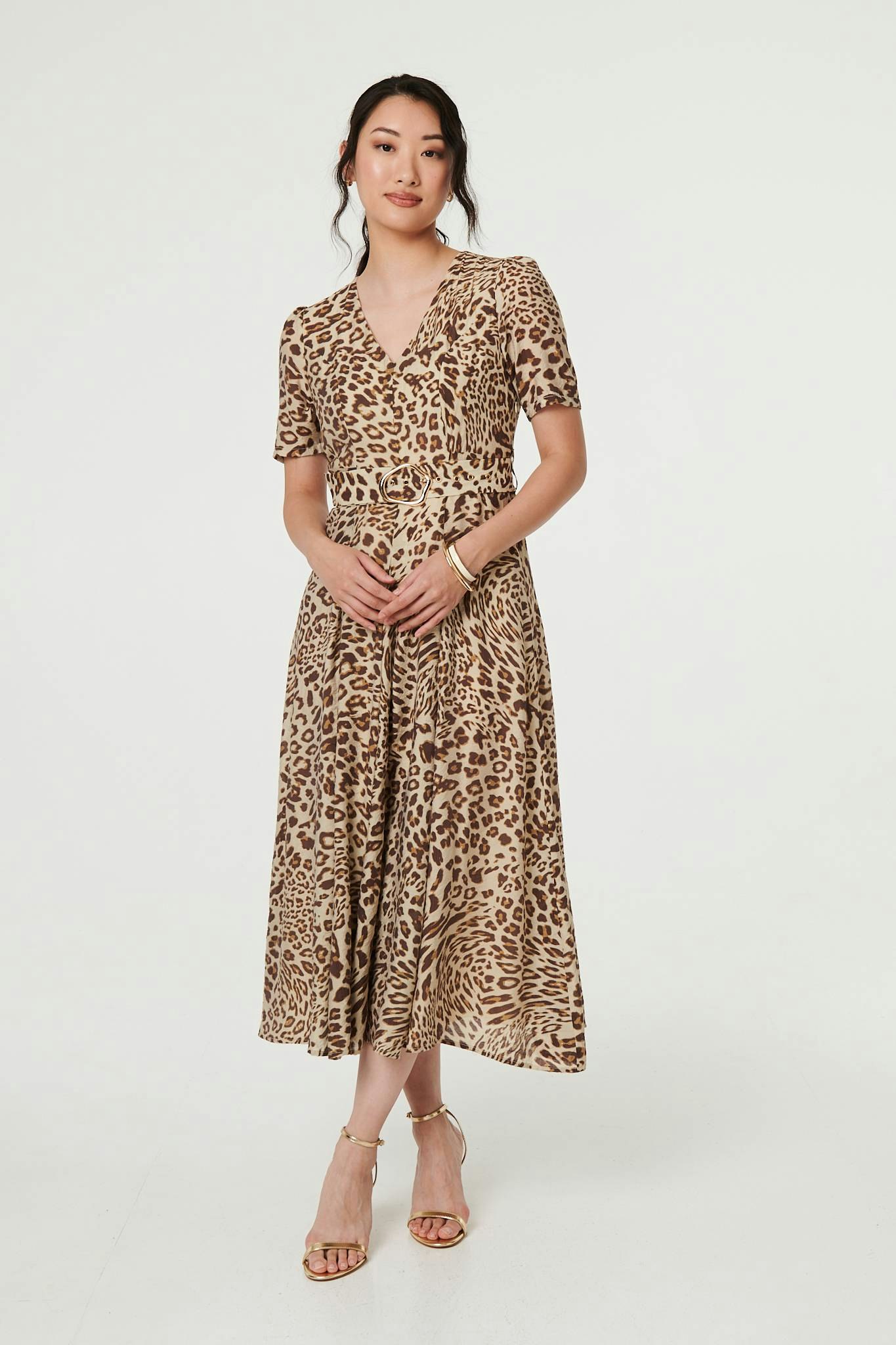 Izabel London Brown Animal Print Belt Detail Midi Dress - 14