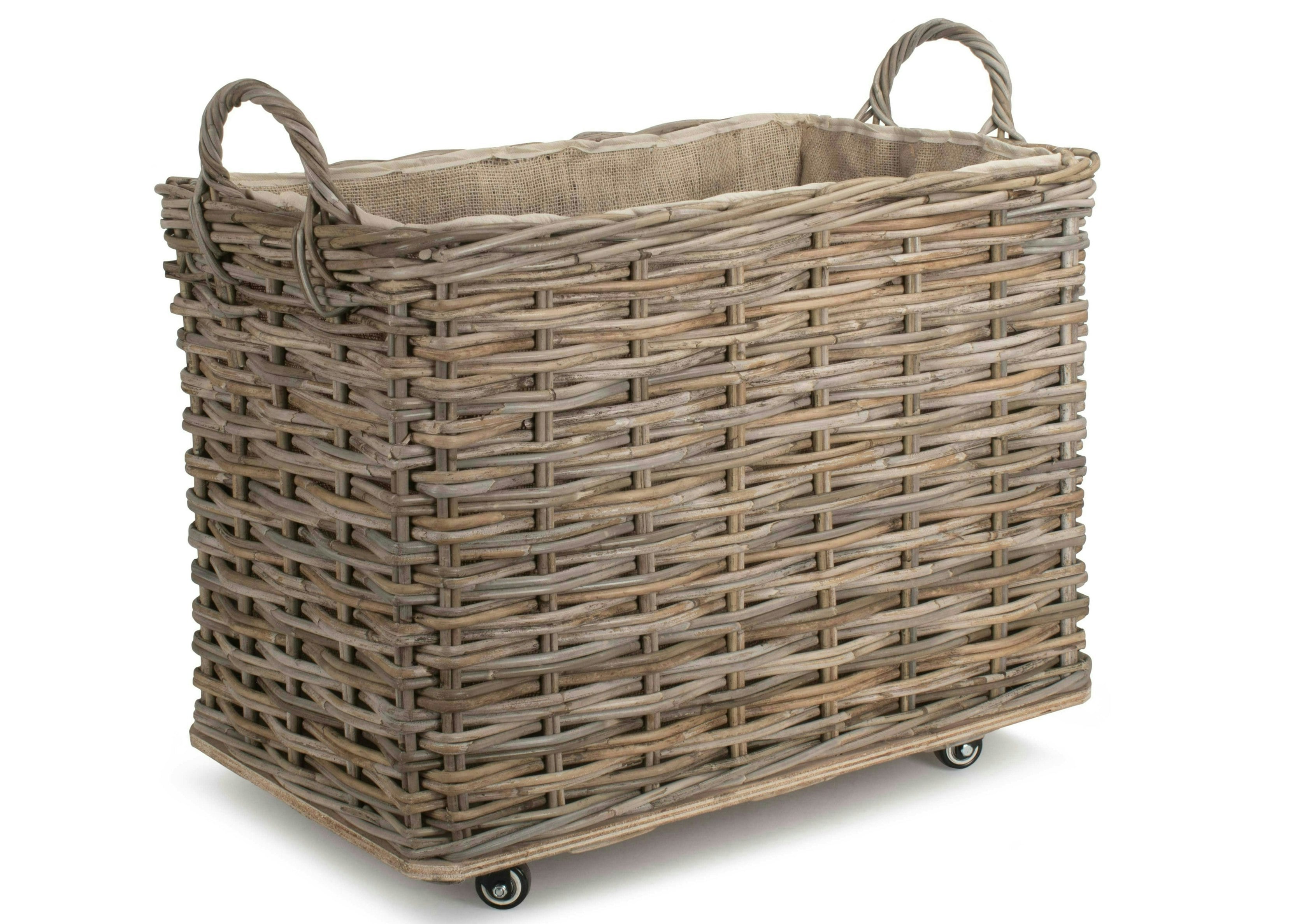 Red Hamper Red/Brown Hamper Wheeled Hessian Lined Rattan Log Basket - Small
