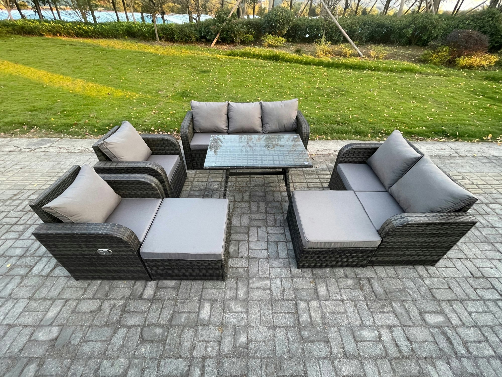 Fimous Dark/Grey Rattan Garden Furniture Dining Set 9 Seater Patio Rectangular Table 2 Big Footstool Love Sofa Mixed