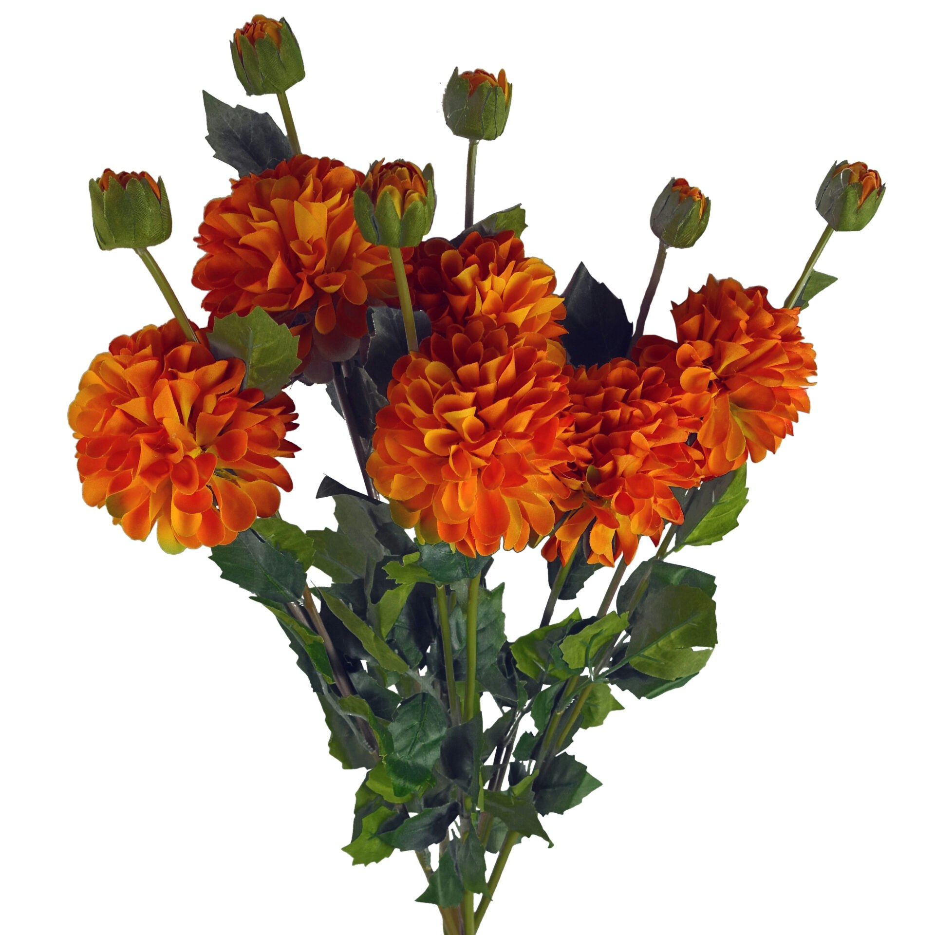 Leaf Orange Pack Of 6 X Artificial Dahlia Pompom Flower Stem - 6 X Dhalia Flower - - 75Cm