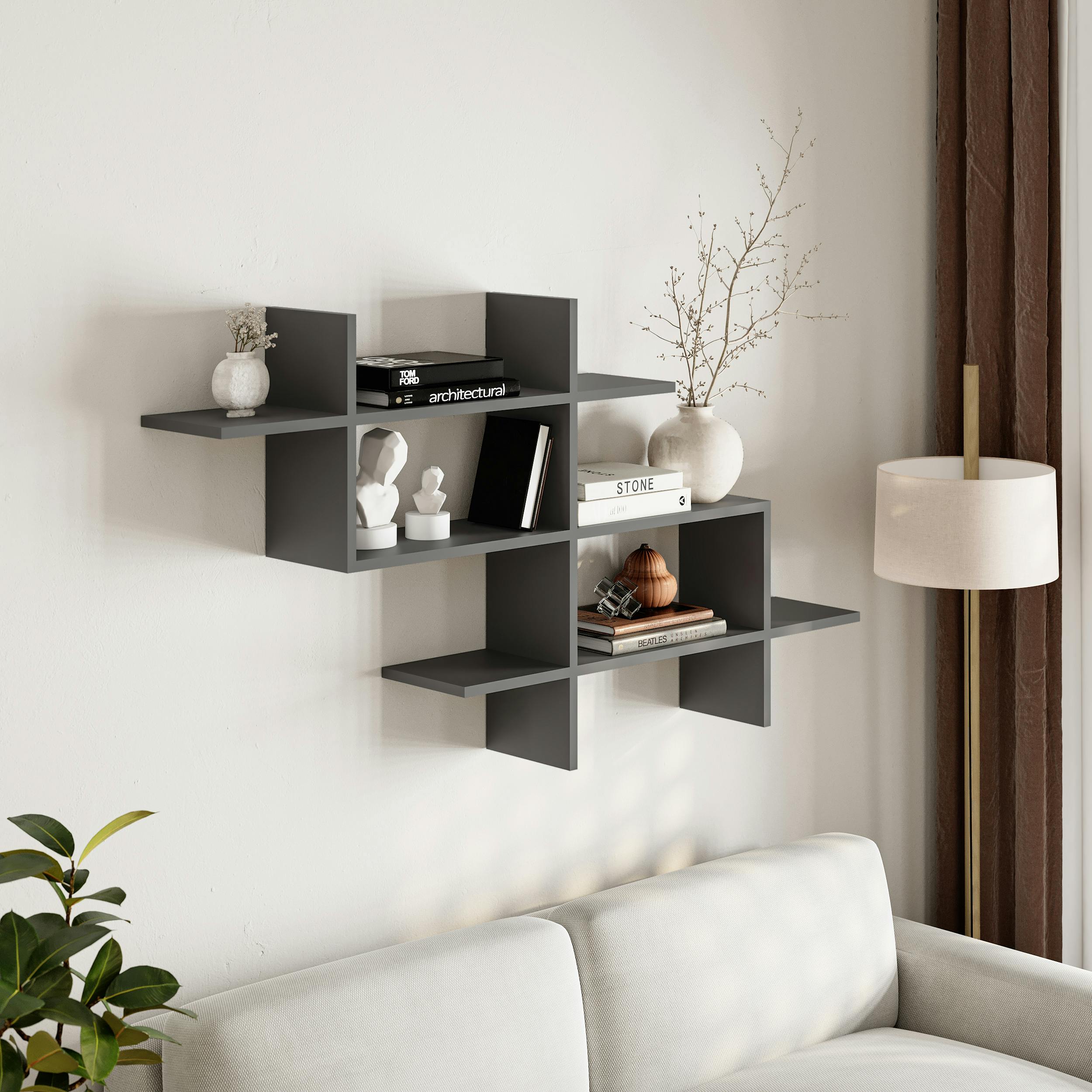 Decortie Anthracite/Grey Halic 3 Tiers Wall Mounted Shelf Modern Floating Bookcase 150Cm