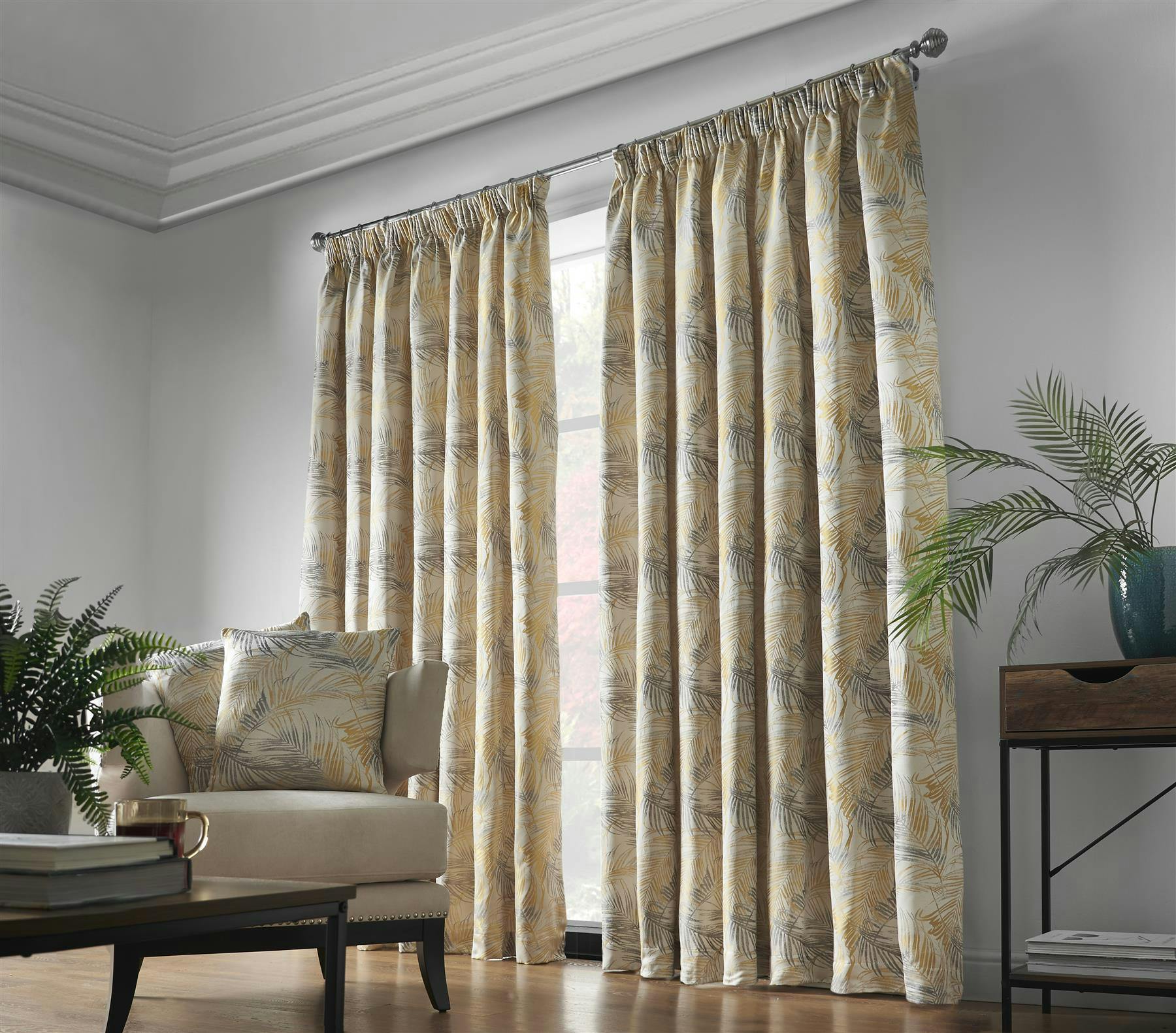 Rackhams Light Luxury Fern Jacquard Pencil Pleat Taped Top Ready Made Curtains - 168Cm Width X 183Cm Drop