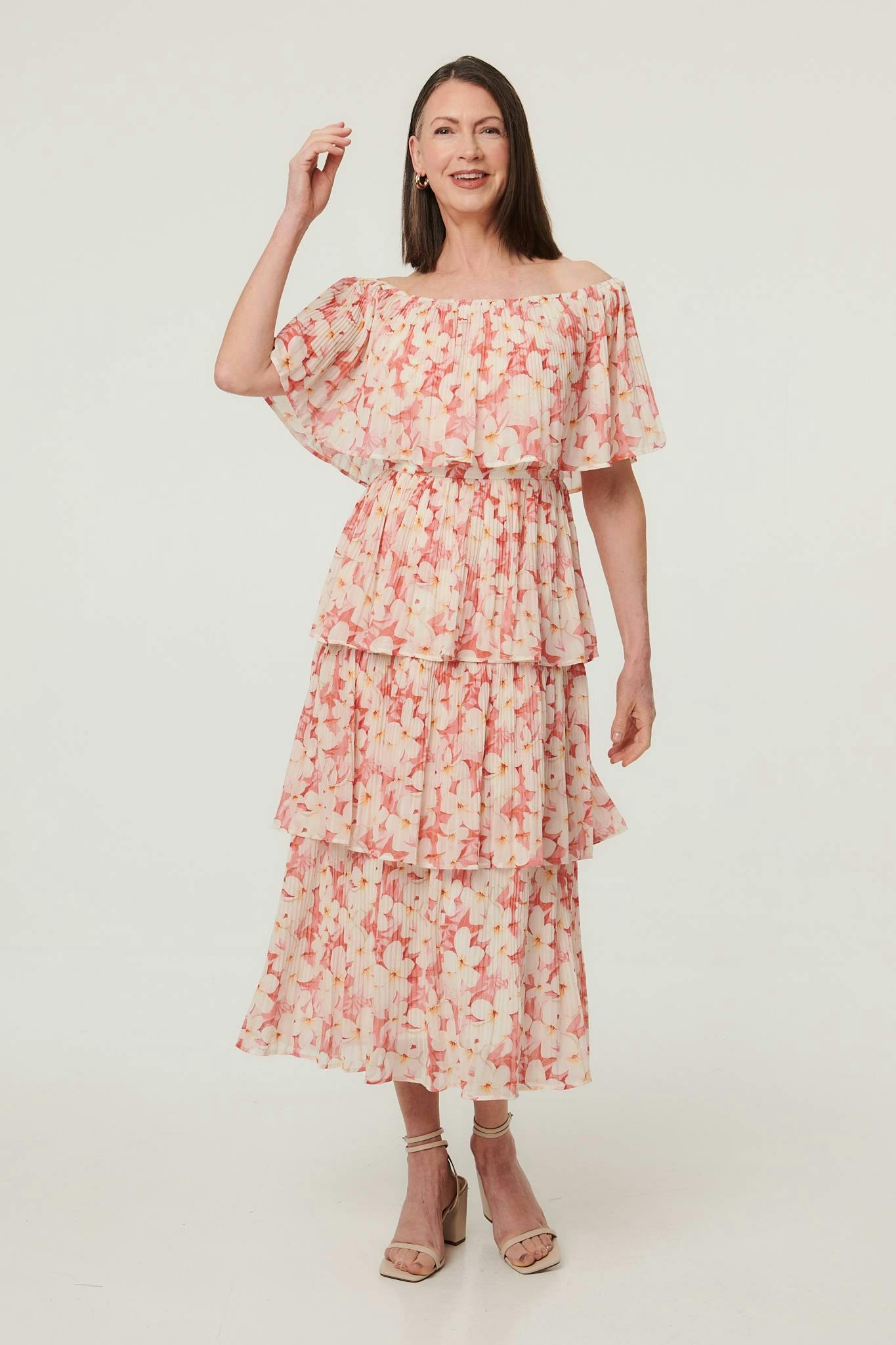 Izabel London Pink Floral Texture Tiered Midi Dress - 14