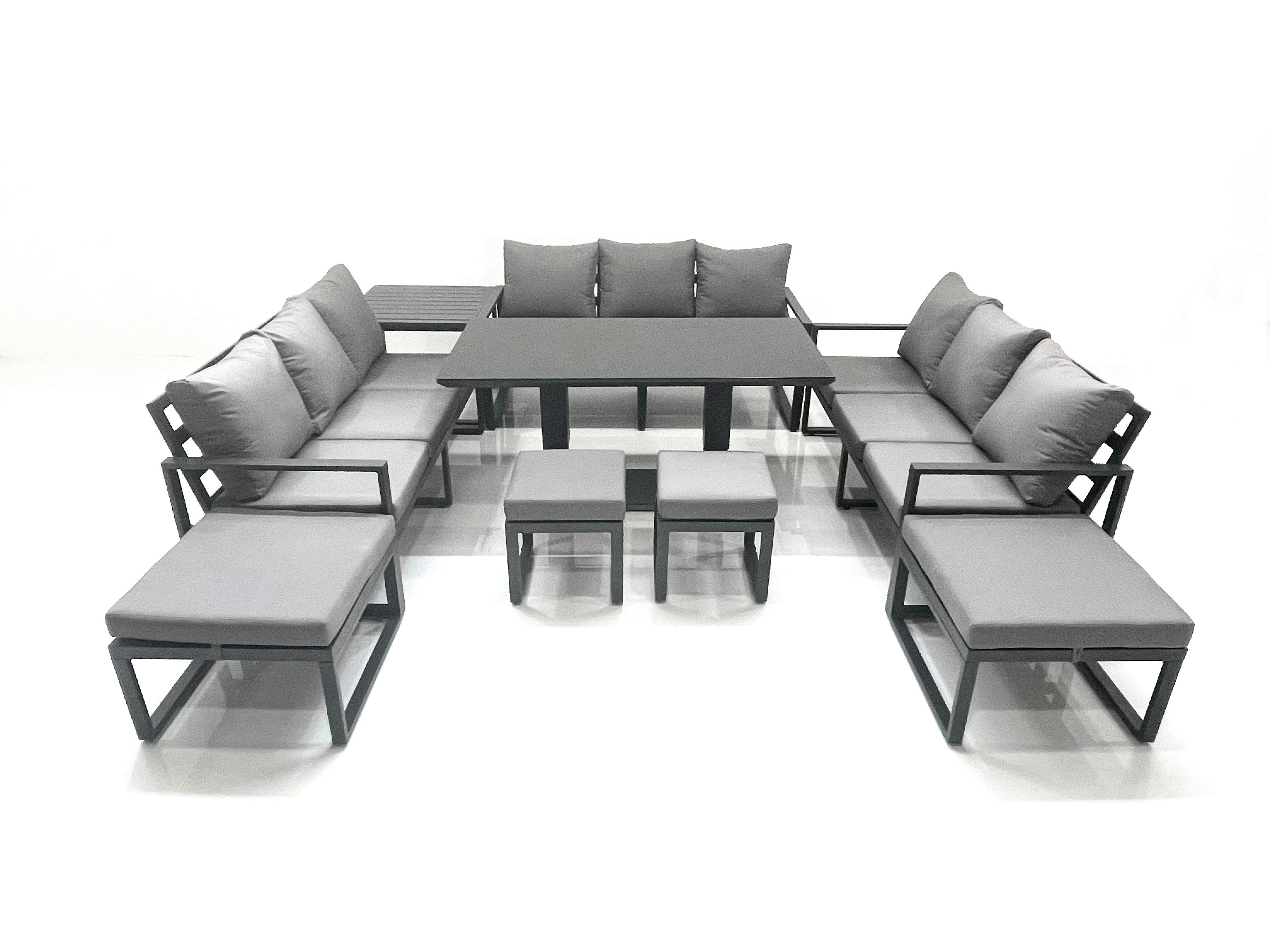 Fimous Dark/Grey 13 Seater Garden Sofa Set Aluminium Furniture Rising Dining Tabe Set With Side Table 4 Footstools
