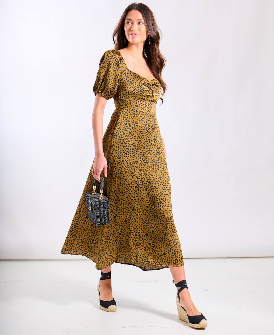 Needs No Label Brown Animal Satin Sweetheart Neck Midi Dress - 12