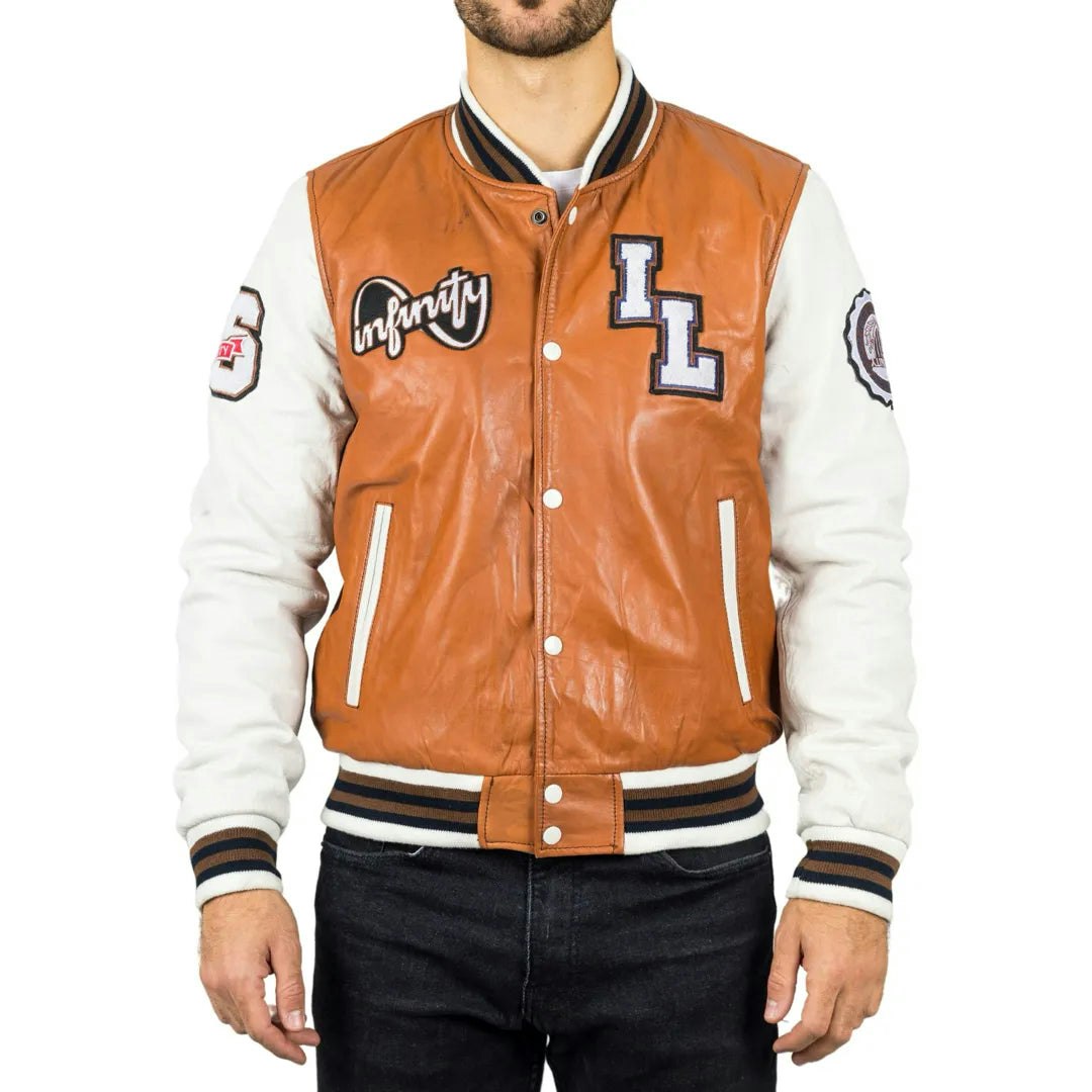 Infinity Leather Men's Brown Leather Company Tan Leather Letterman Bomber Jacket - 4XL