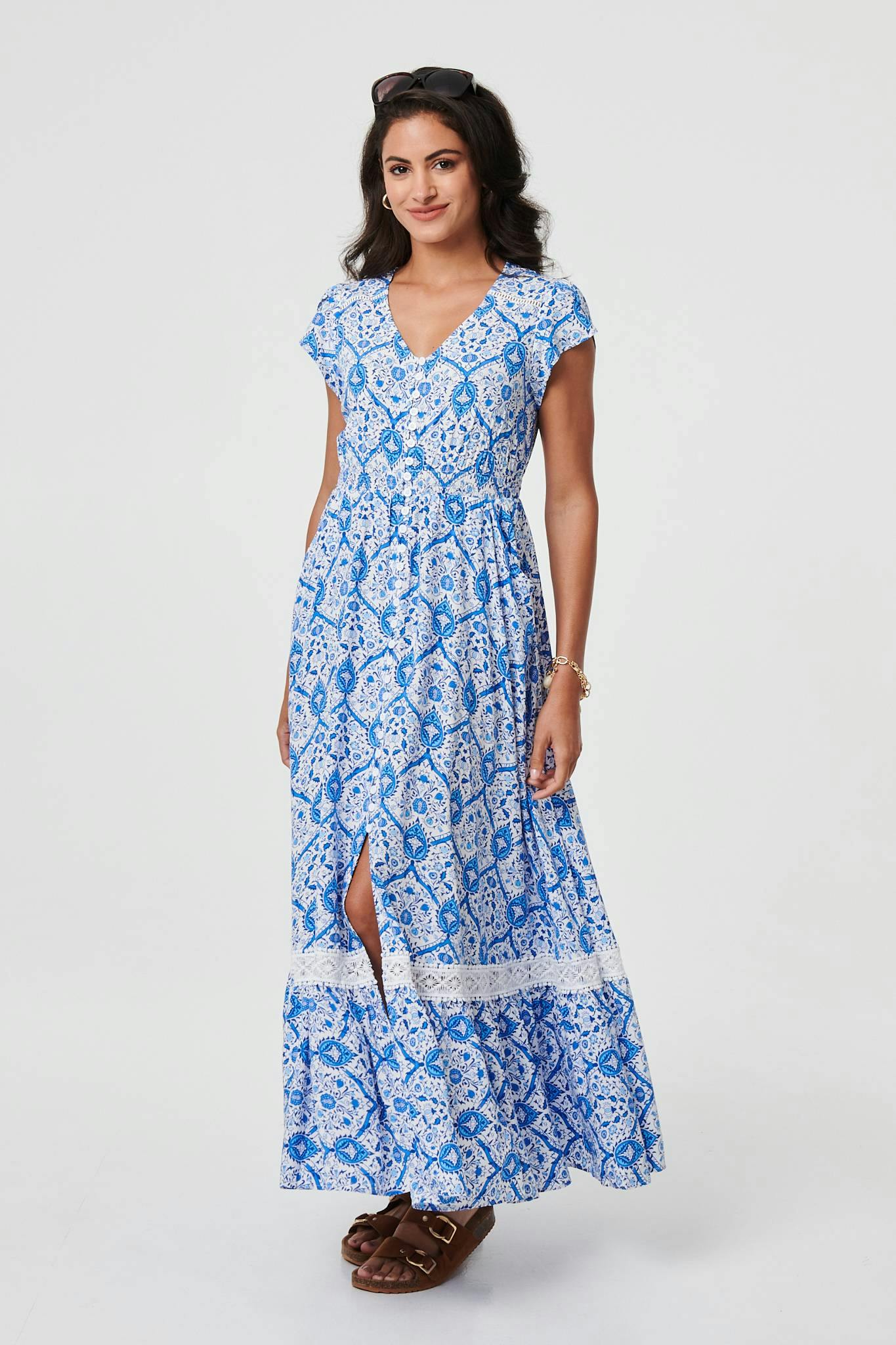 Izabel London Light/Blue Mosaic Print Cap Sleeve Maxi Dress - 12