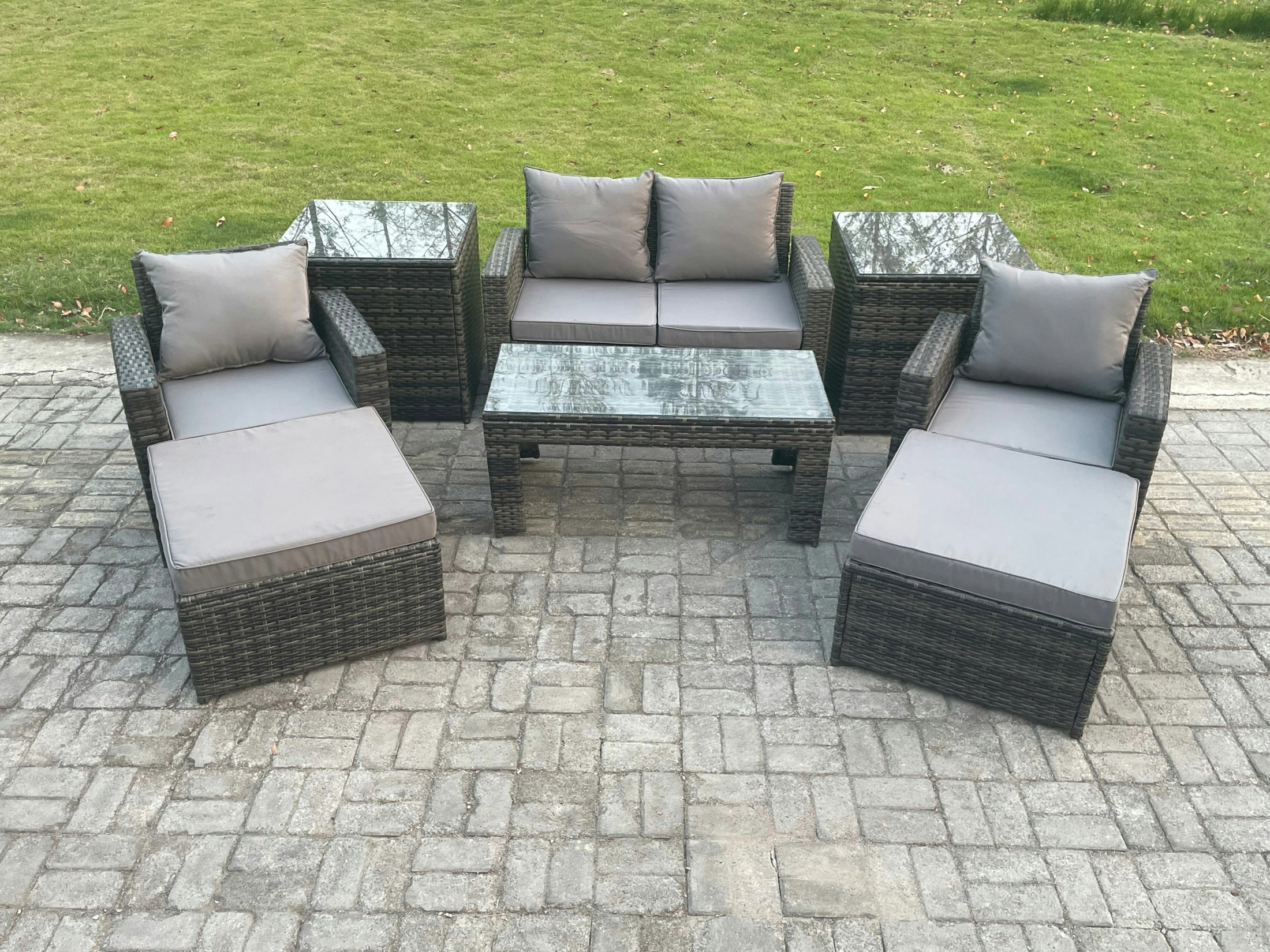 Rackhams Dark/Grey 8-Piece Outdoor Lounge Sofa Set - Mixed Pe Wicker Rattan Garden Furniture With Rectangular Coffee Table & Armchair