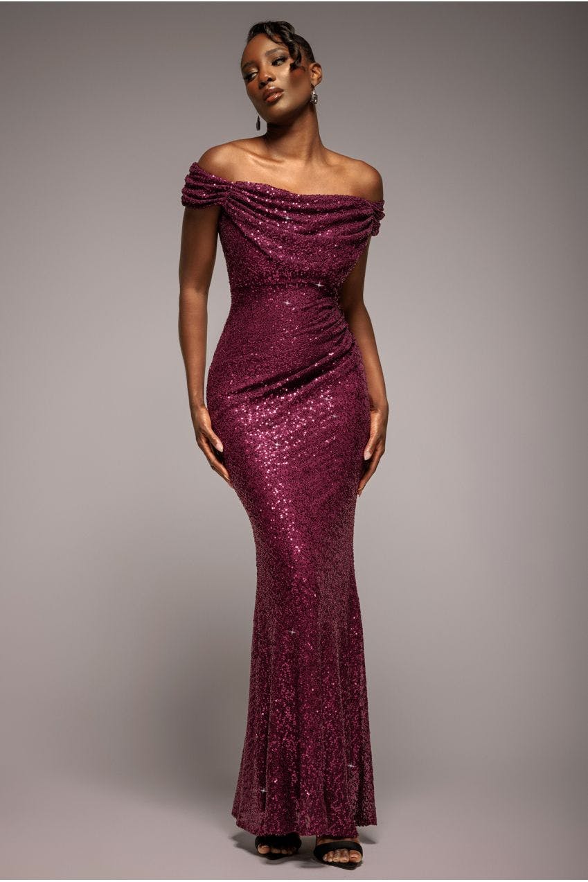 Goddiva Burgundy/Red Cap Sleeve Iridescent Sequin Cowl Maxi Dress - By - 18