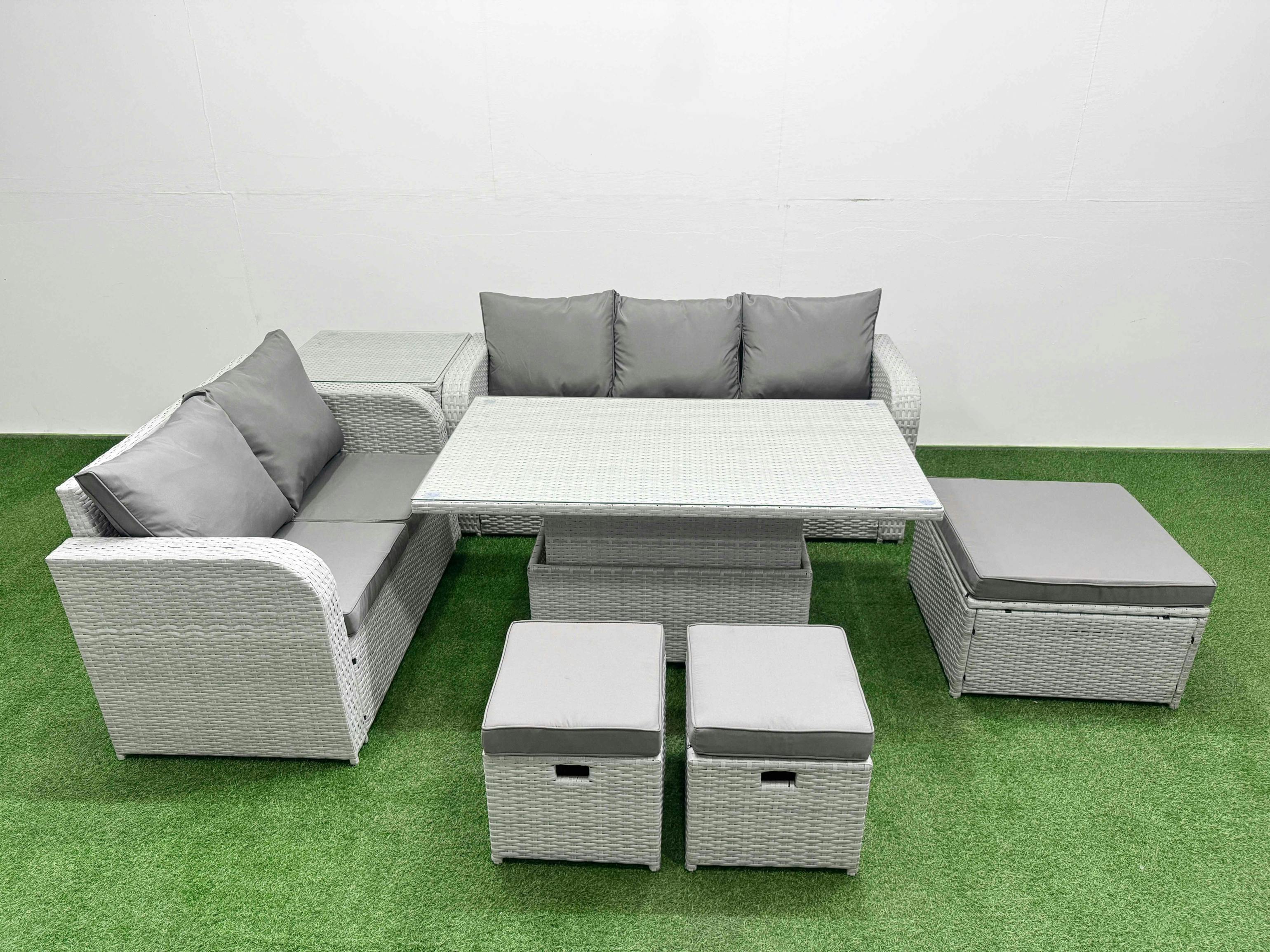 Fimous Light/Grey 8 Seater Outdoor Rattan Set, Garden Furniture, Adj Height Table, 3 Seater Sofa, Love Sofa, 3 Stools And Side Table,