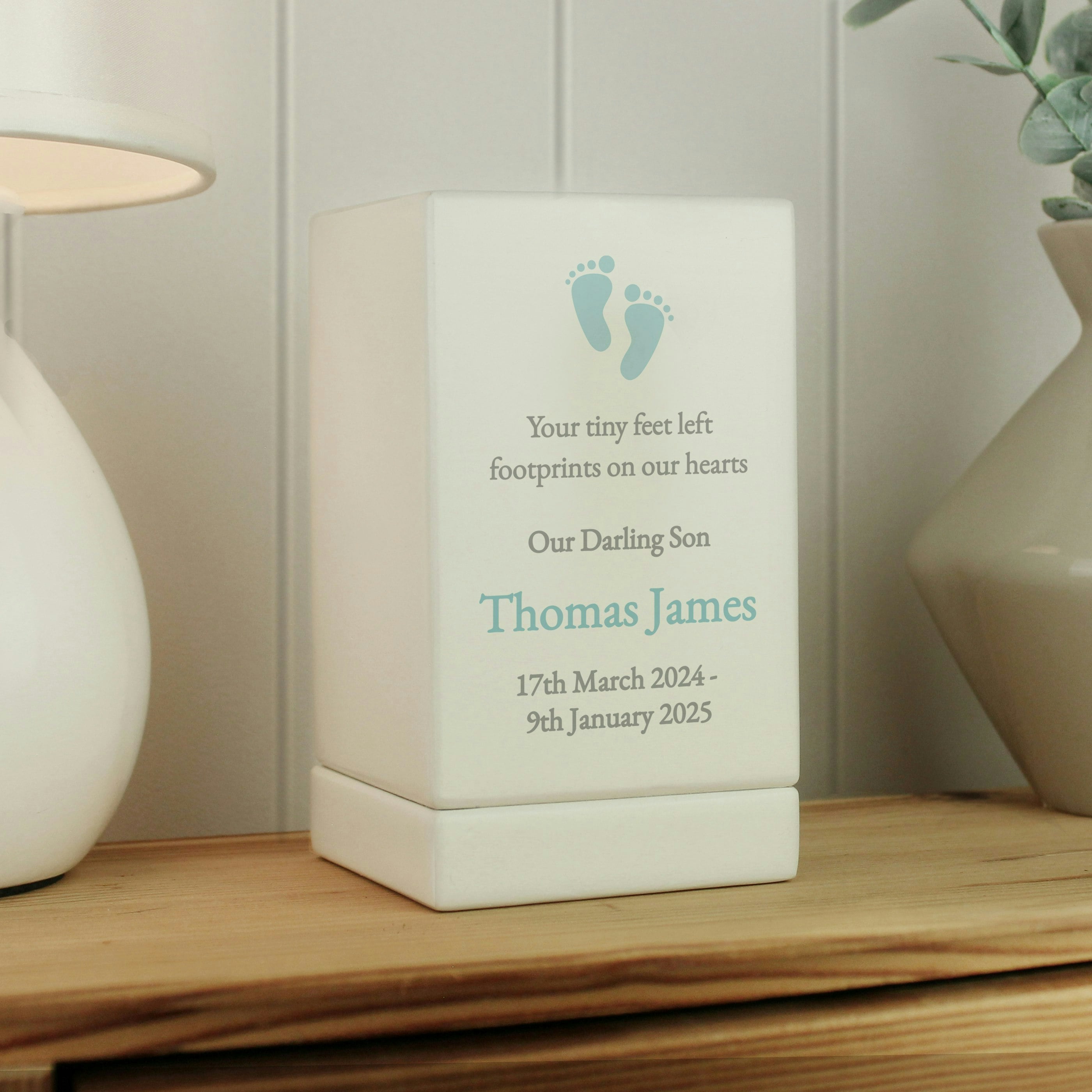 Rackhams Men's Blue Personalised Baby Boy Small Wooden Urn