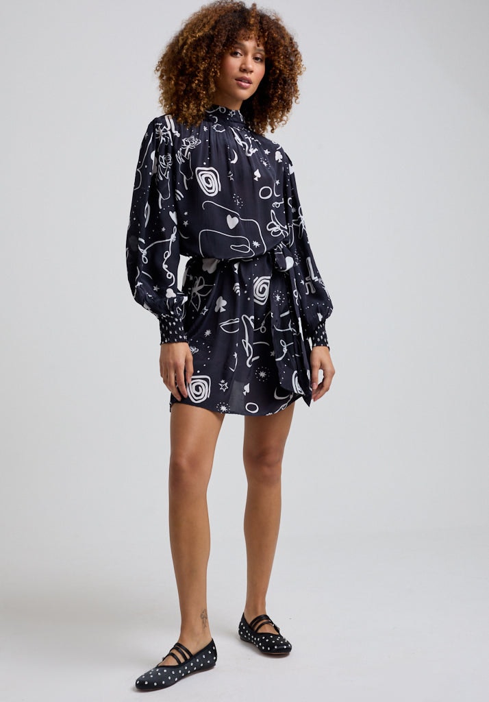 Lily And Lionel Black Molly High Neck Spellbound Print Mini Dress In - 12