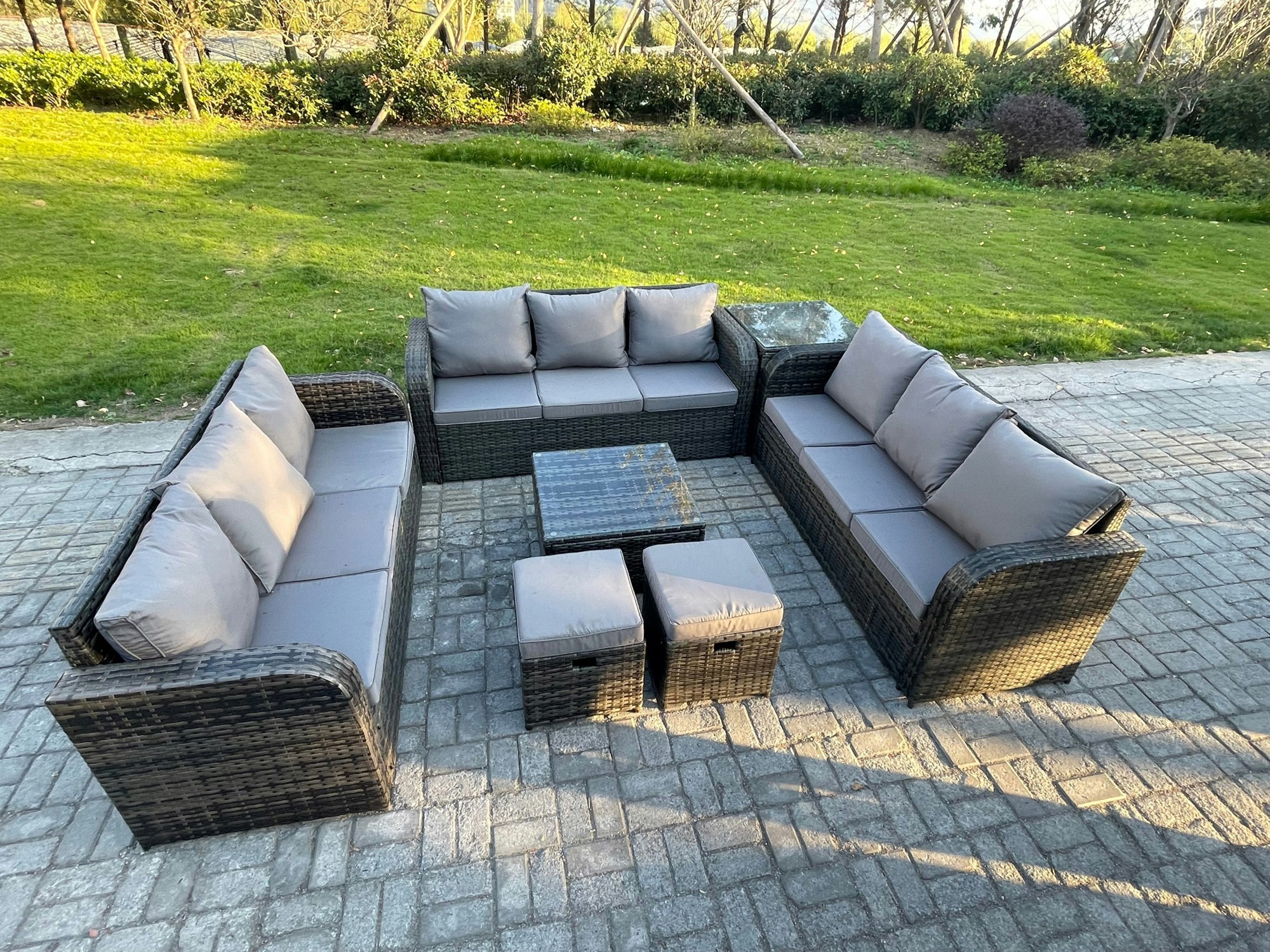 Rackhams Dark/Grey Rattan Outdoor Furniture Set Patio Garden Sofa Set With Side Table Square Coffee Table 3 Seater Sofa Mixed