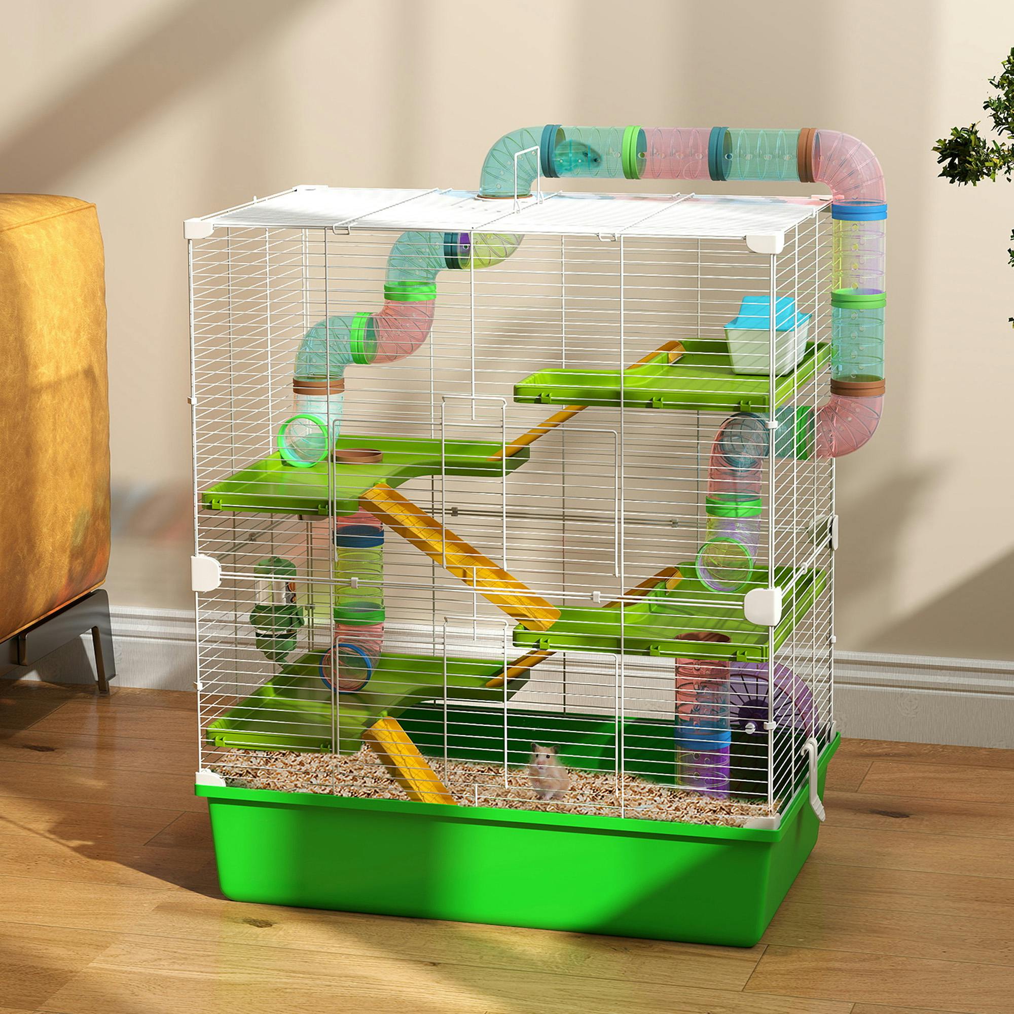 Pawhut Portable Hamster Cage With Water Bottle, Wheel, Tubes & Ramps - Green (D51-233V00gn) - Image 4