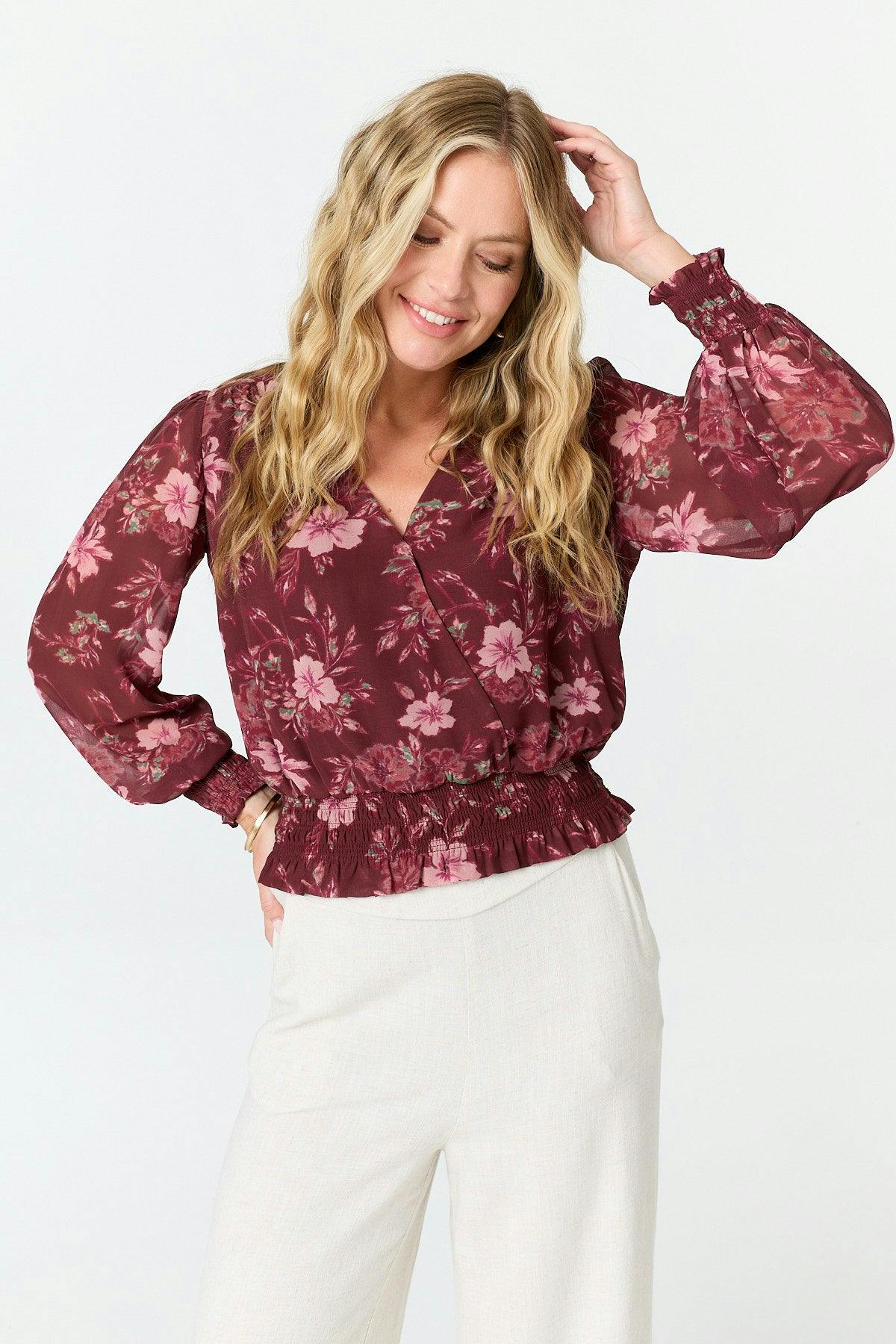 Izabel London Red Floral Long Sleeve Ruched Wrap Blouse - 12